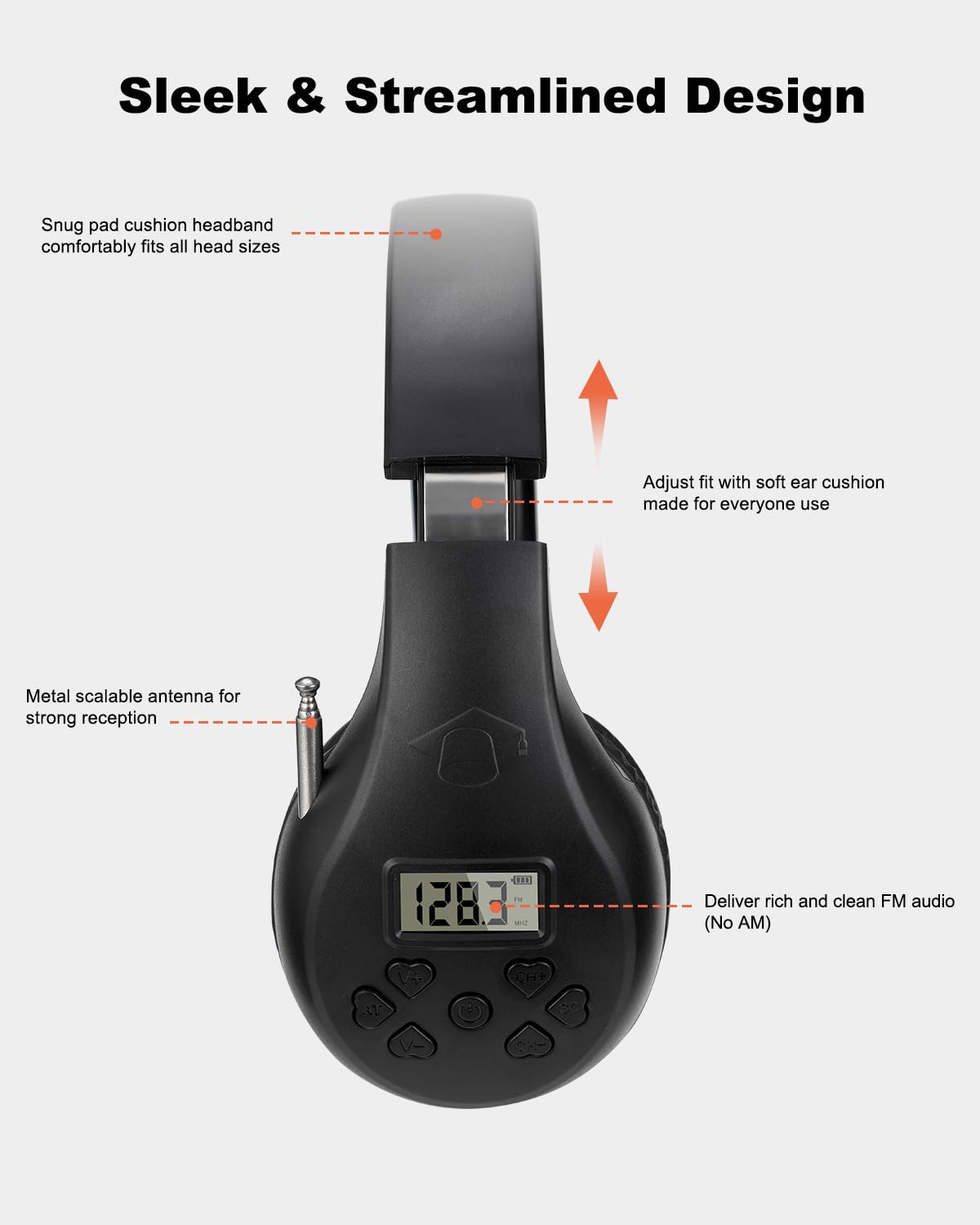 Portable FM Radio Headphones with Strong Reception, Wireless Walkman Headset for Walking, Jogging, Gym - Powered by 2 AA Batteries (Not Included) - Black - Perfect for Outdoor Activities, Commuting & Travel