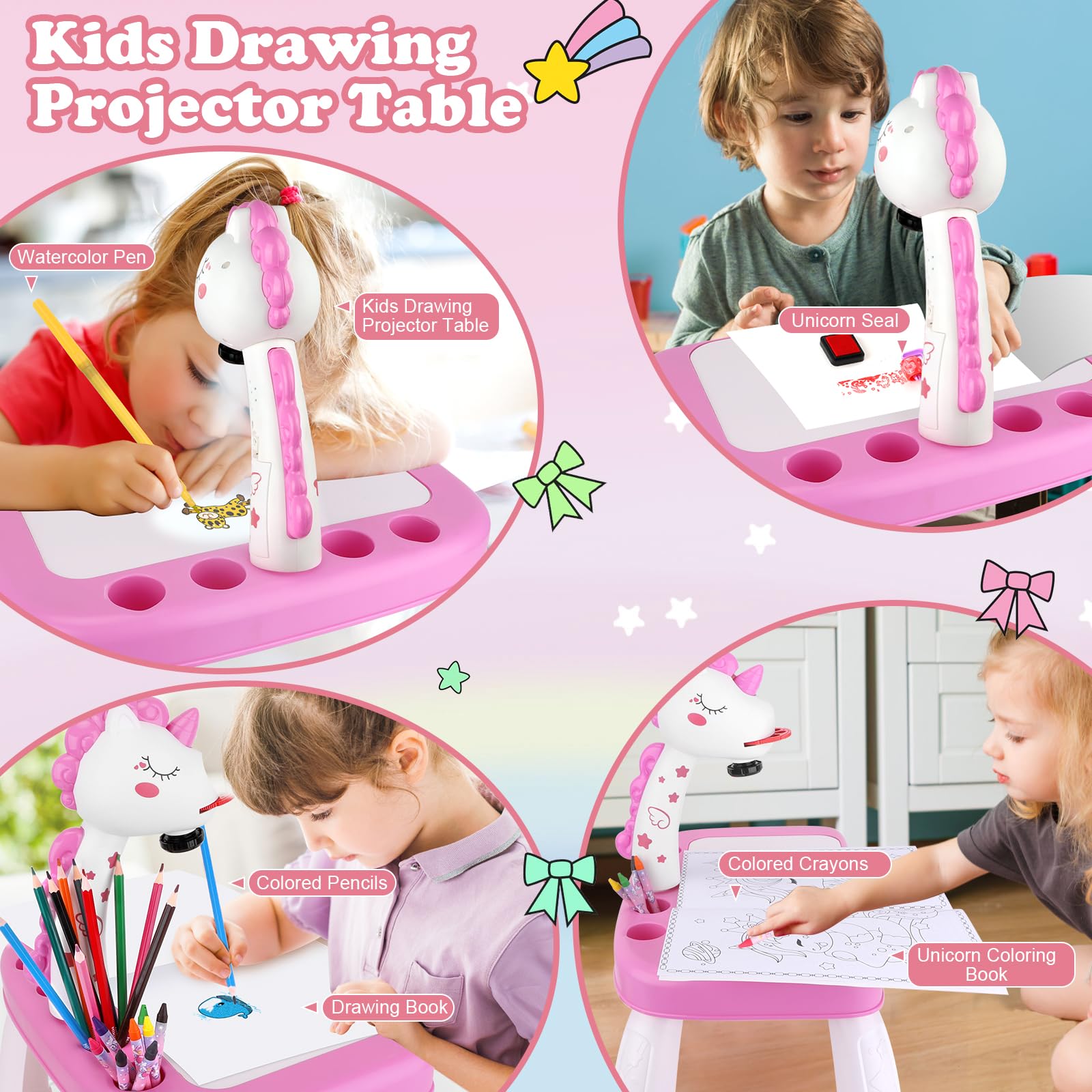 Unicorn Drawing Projector Table Set for Kids - Pink Doodle Art Kit with Tracing Projector & Painting Supplies | Creative Toddler Activity for Birthday Gifts & Home Learning