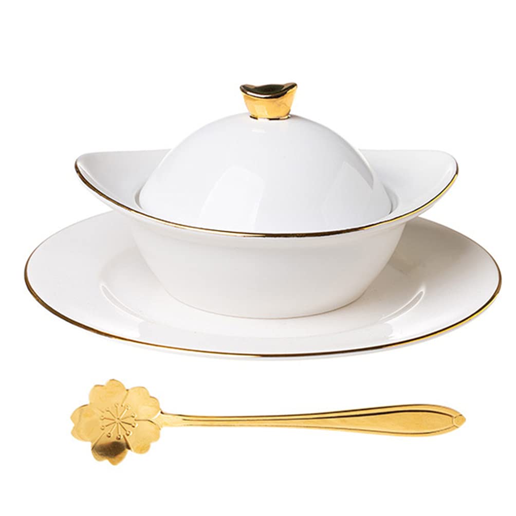 DOITOOL Ceramic Soup Bowl with Lid - 16oz Porridge, Noodle, Dessert Bowl - Microwave & Oven Safe - Includes Sauce Spoon - Perfect for Home, Kitchen & Restaurant Use - Great for Steaming Eggs, Serving Soup & Oats