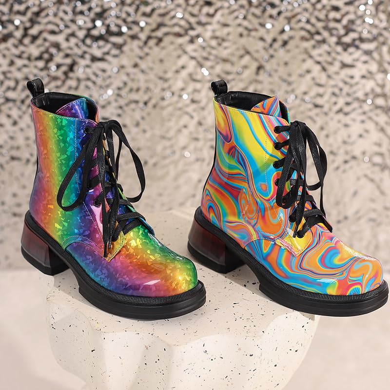 Sparkly Women's Combat Ankle Boots - Round Toe Platform Lace Up Booties for Casual Wear, Night Out & Festival Fashion
