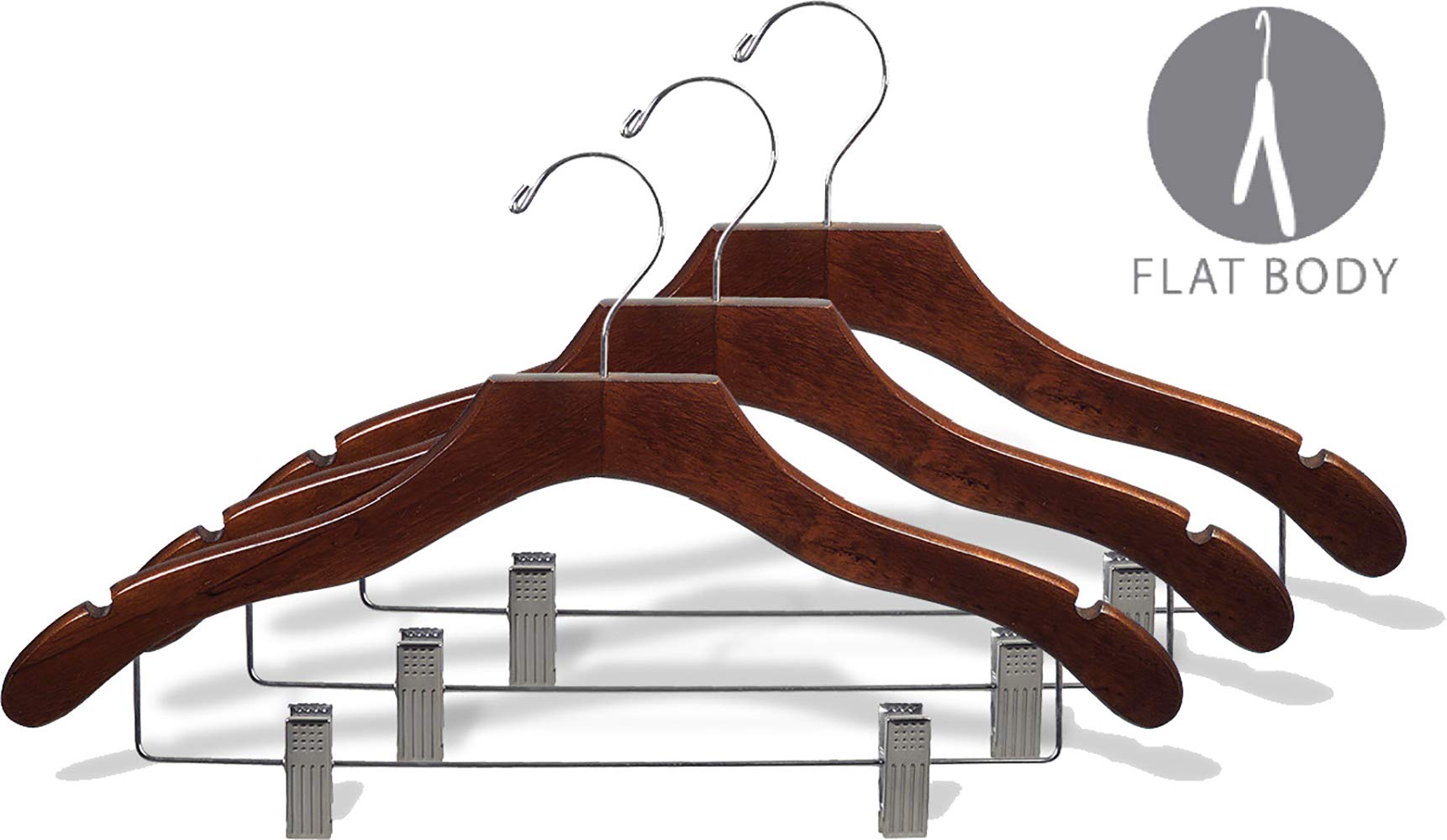 100-Pack Space Saving 17 Inch Wavy Wood Combo Hangers with Adjustable Cushion Clips - Walnut Finish & Chrome Hook - Perfect for Shirts, Jackets, Dresses - Ideal for Closet Organization & Retail Display by The Great American Hanger Company