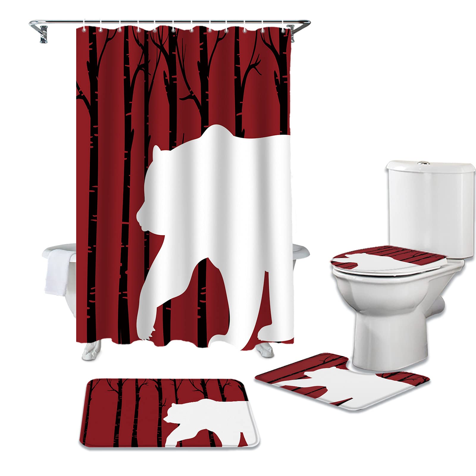 White Bear Walking in Black Forest Bathroom Shower Curtain Set with Hooks, Rugs, Toilet Lid Cover & Bath Mat - Waterproof Bathroom Decor for Cozy Home & Cabin Retreats