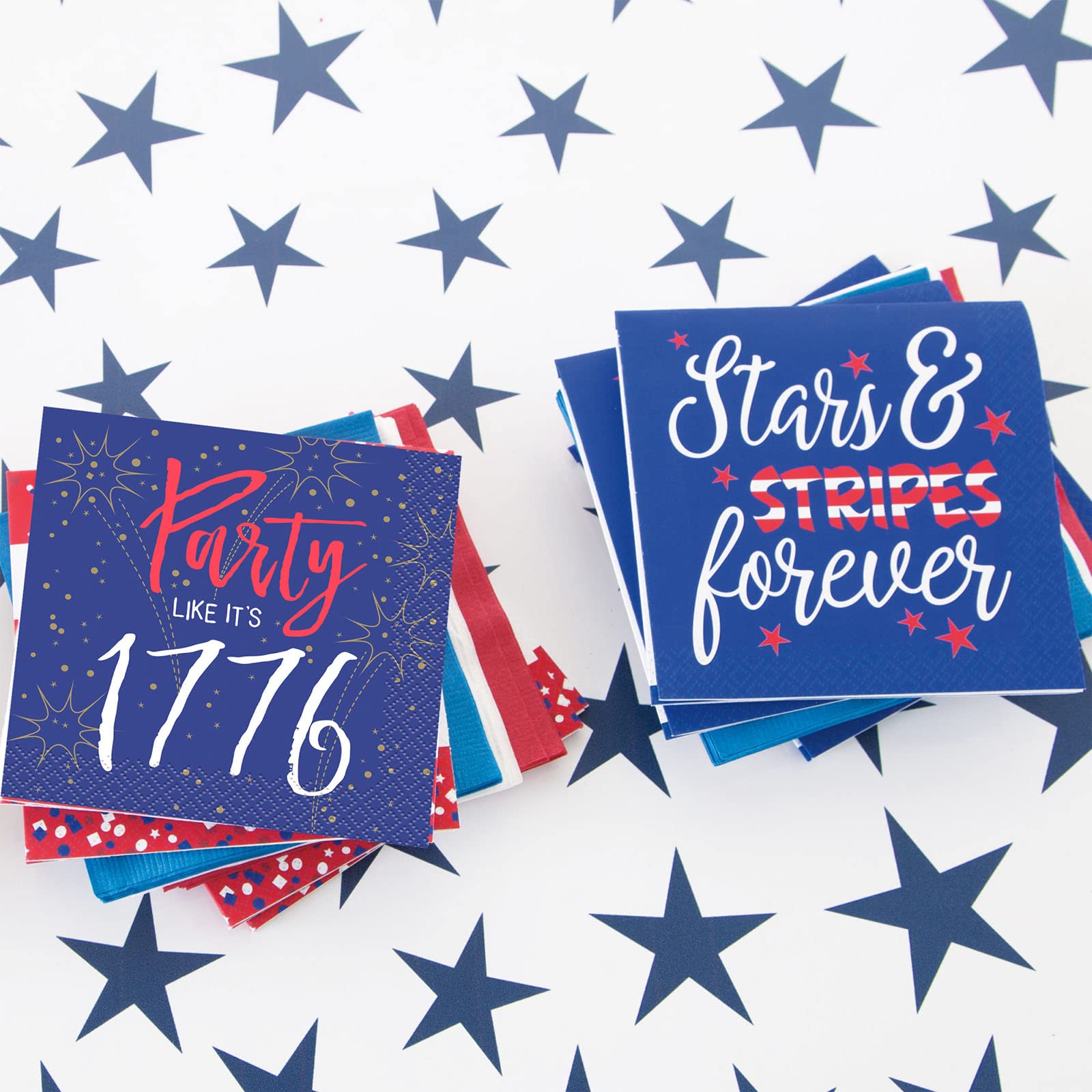 Red White and Blue Patriotic Cocktail Napkins - Set of 64 Beverage Napkins with 4 Americana Designs | Perfect for 4th of July Parties, Memorial Day BBQs & Independence Day Celebrations