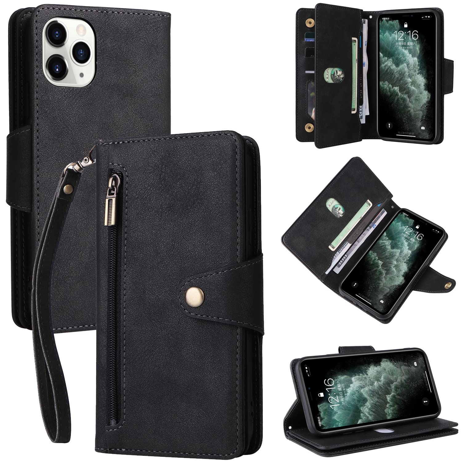 Premium Leather Wallet Case for iPhone 11 - Luxury Folio Flip Cover with Zipper Pocket, Card Holder & Wrist Strap | Durable Protection for Apple iPhone 11 (Black) | Perfect for Business, Travel & Everyday Use