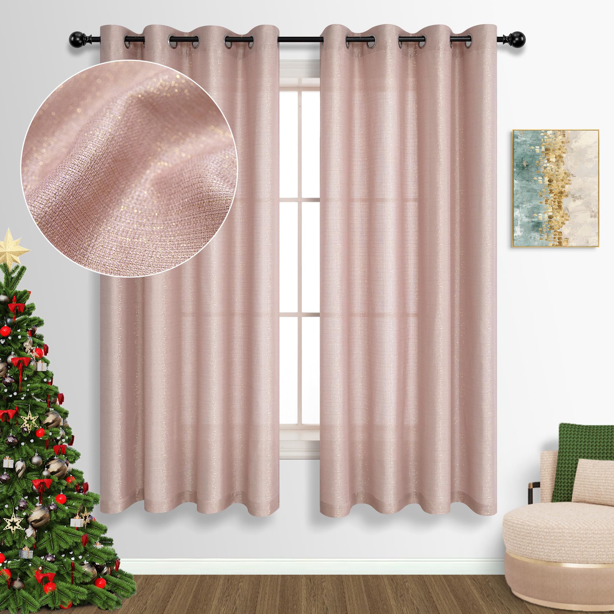 Rose Gold Sparkle Glitter Curtains for Girls Bedroom - 63 Inch Length, 2 Panels, Grommet Top, Thick Sheer Semi-Privacy - Blush Pink Shimmer Drapes for Nursery, Teen Room & Baby Decor (52x63 Inches) - Perfect for Bedroom, Living Room & Window Treatments