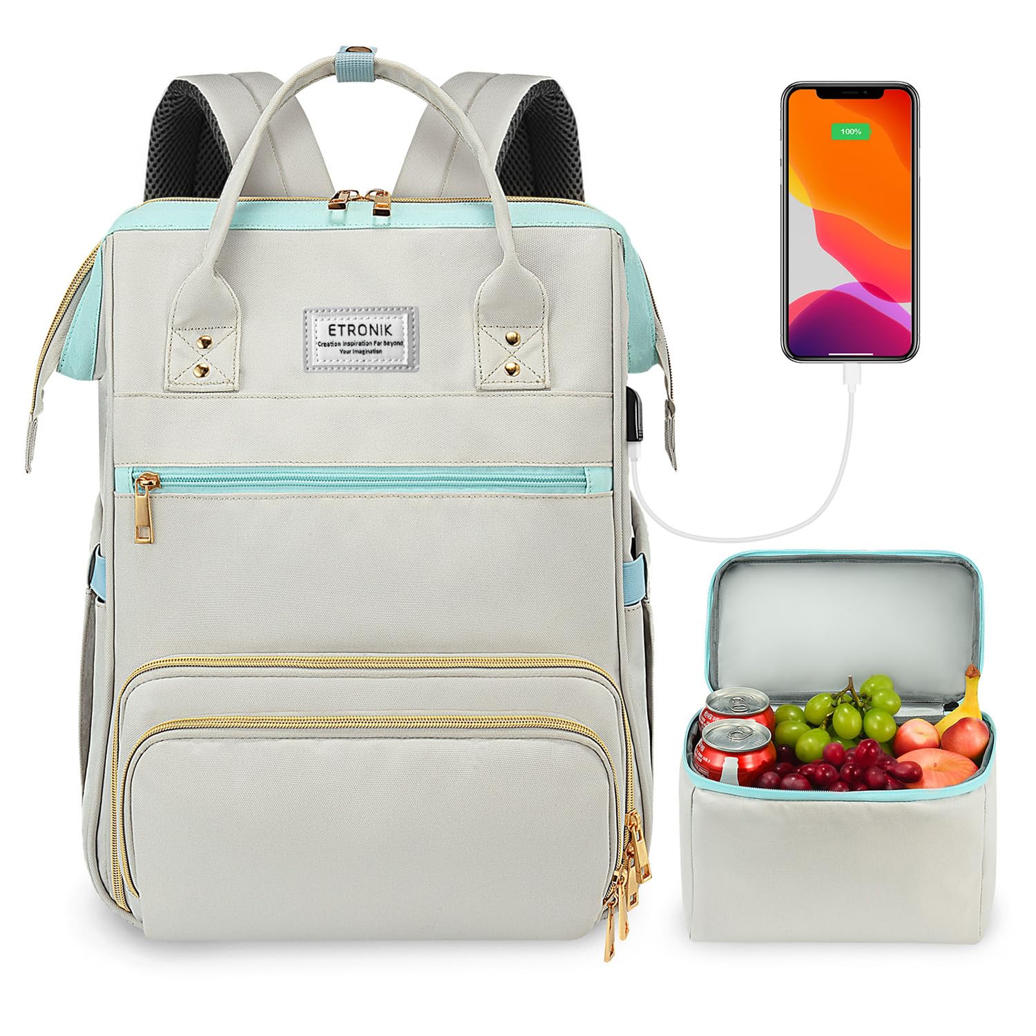 ETRONIK 15.6 Inch Laptop Backpack with USB Charging Port & Insulated Lunch Box - Stylish Work Bag for Nurses, Teachers, Men & Women - Perfect for Office, School & Travel (Grey Blue)
