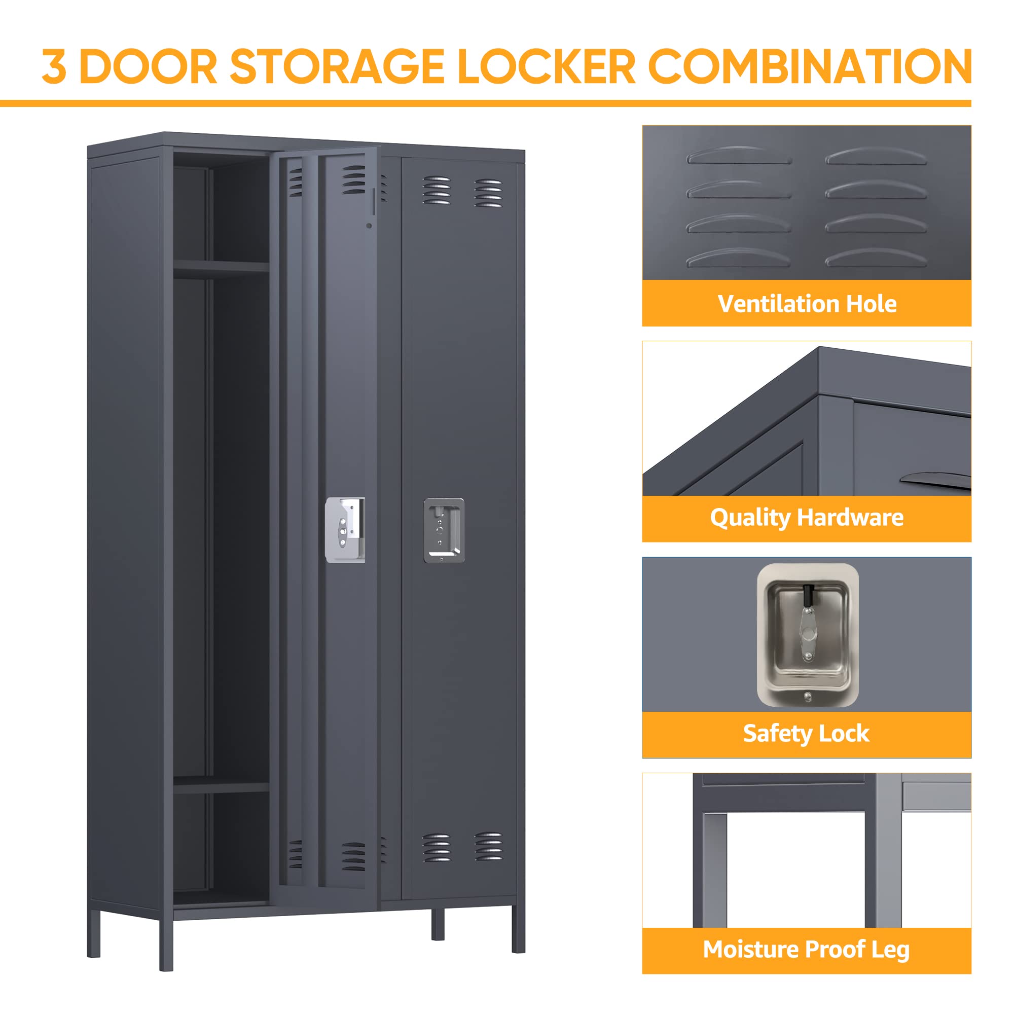 3-Door Metal Lockers for Employees - Heavy Duty Steel Storage with 9 Hooks - Perfect for Offices, Schools, Gyms & Home Use - Easy Assembly Required - Dark Gray Finish - Ideal for Secure Personal Belongings Storage