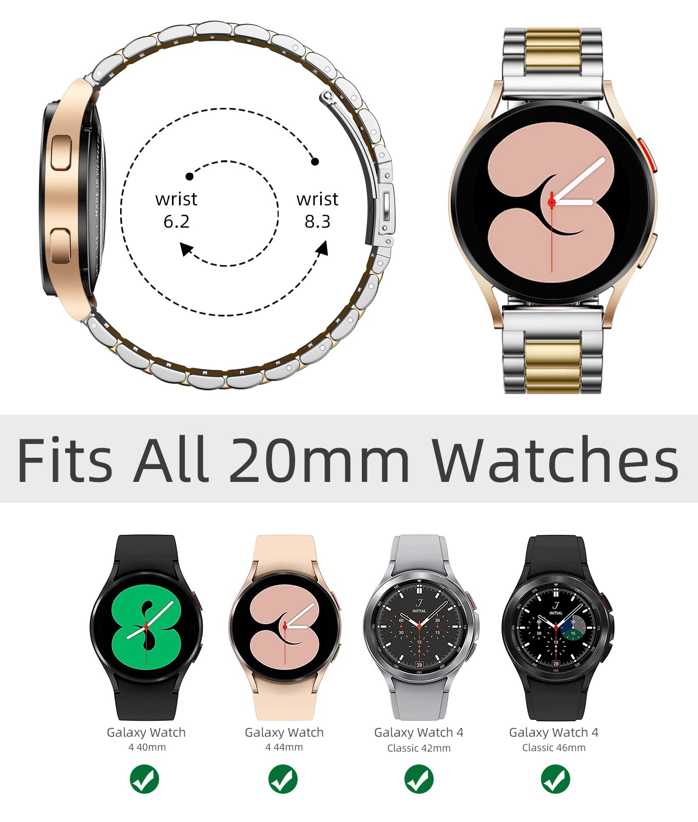 Mastten 20mm Stainless Steel Metal Strap for Samsung Galaxy Watch 4/5/6/7 (40mm, 44mm) & Galaxy Watch 4/6 Classic (43mm, 47mm) - Durable Adjustable Replacement Band for Men | Perfect for Work, Gym & Everyday Wear