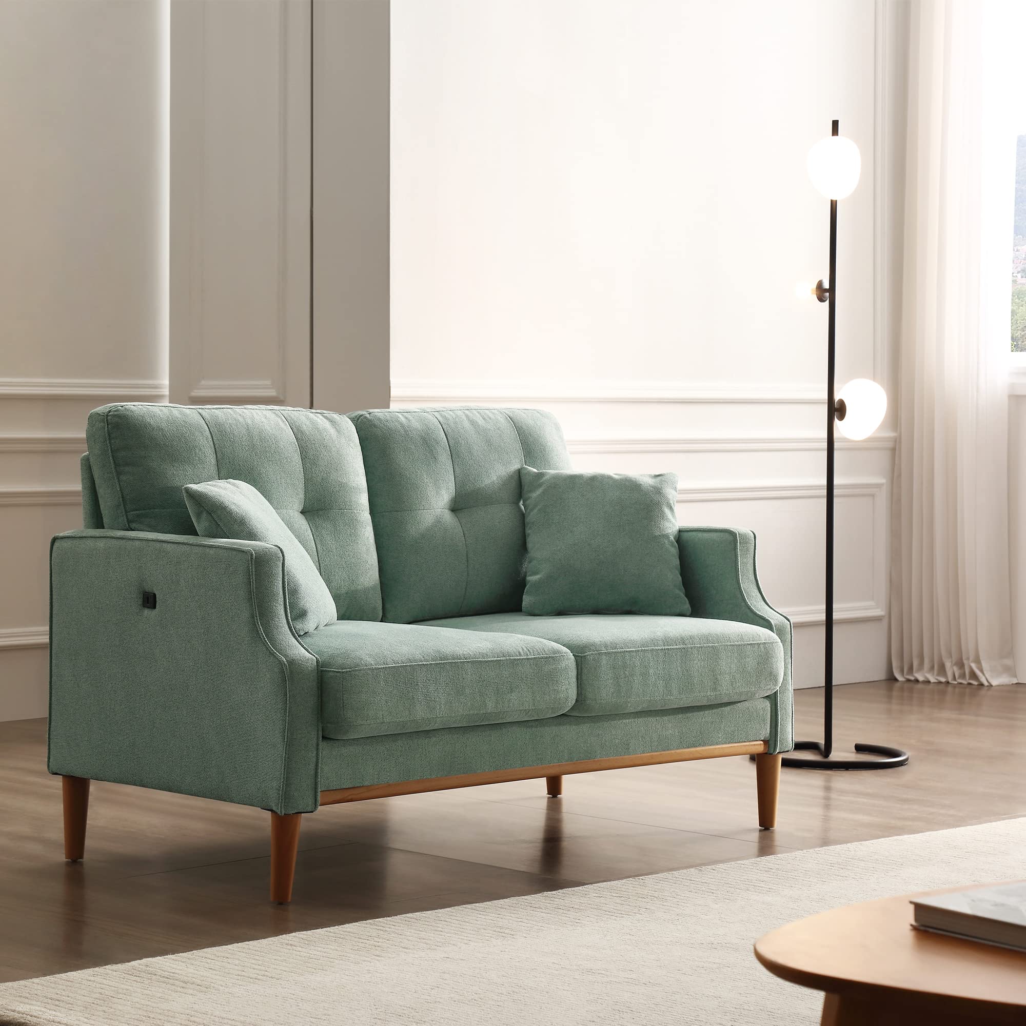 Modern 2-Seater Upholstered Sofa with Wood Legs & 2 Pillows - Linen Fabric Sectional Couch for Small Spaces - Perfect for Living Room, Bedroom, Apartment, Dorm & Office - Blue (Ideal for Compact Homes, Cozy Lounging & Small Space Decor)