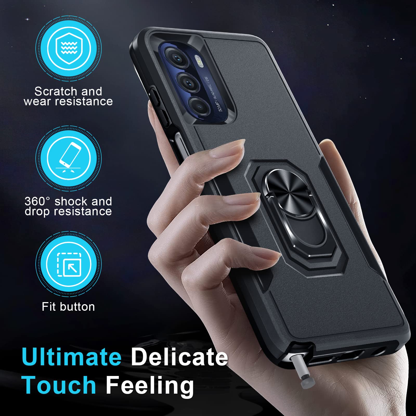 Janmitta Shockproof Case for Moto G Stylus 5G 2022 - Heavy Duty Full Body Protection with Built-in Screen Protector & Metal Ring Holder Kickstand (Black Matte) - Perfect for Outdoor Activities, Work, and Daily Use