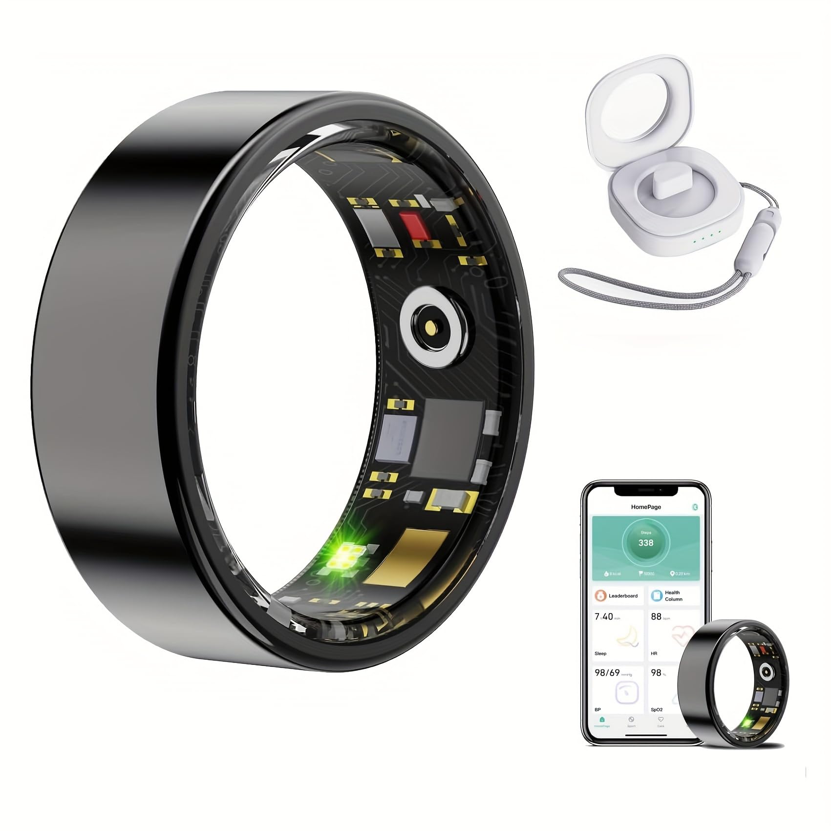 Smart Health Ring for Women & Men - Fitness Tracker with Blood Oxygen, Heart Rate, Blood Pressure & Sleep Monitoring | IP68 Waterproof | No Subscription Fee | Compatible with iPhone & Android (Black, Size 7) | Perfect for Workouts, Sleep Analysis & Daily Health Tracking