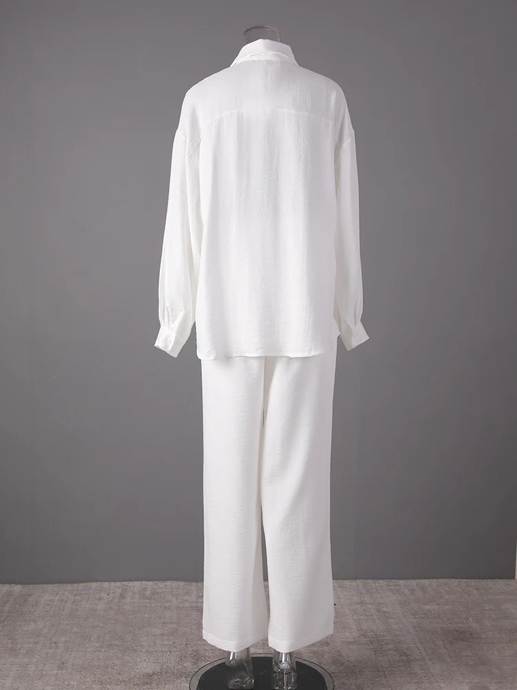 Stylish Big Size Embroidery Shirt & Wide Leg Pants 2-Piece Suit for Women | Lapel Long Sleeve Fashion Set | Trendy Spring & Autumn Outfit 2025 | Perfect for Office, Dating & Special Occasions
