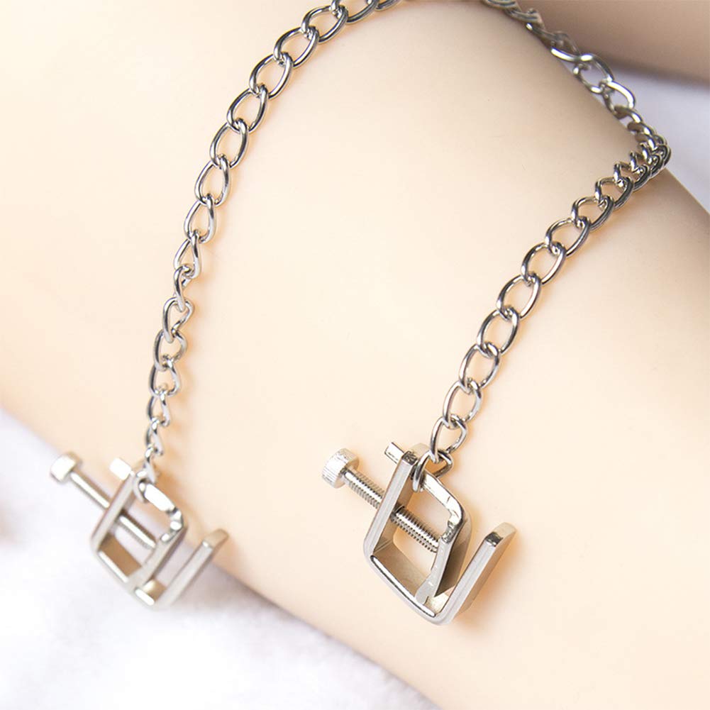 Adjustable Metal Nipple Clamps with Chain - Flat Clip Head Bondage Restraints for Women, BDSM & Fantasy SM Sex Toys - Perfect for Couples Play & Sensual Exploration