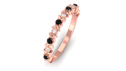 1/4 CT Created Black Diamond & Moissanite Ring - 14K Solid Gold Beaded Half Eternity Band with Gold Leaf Design for Women | Anniversary Gift, Wedding Jewelry, Special Occasion Accessory