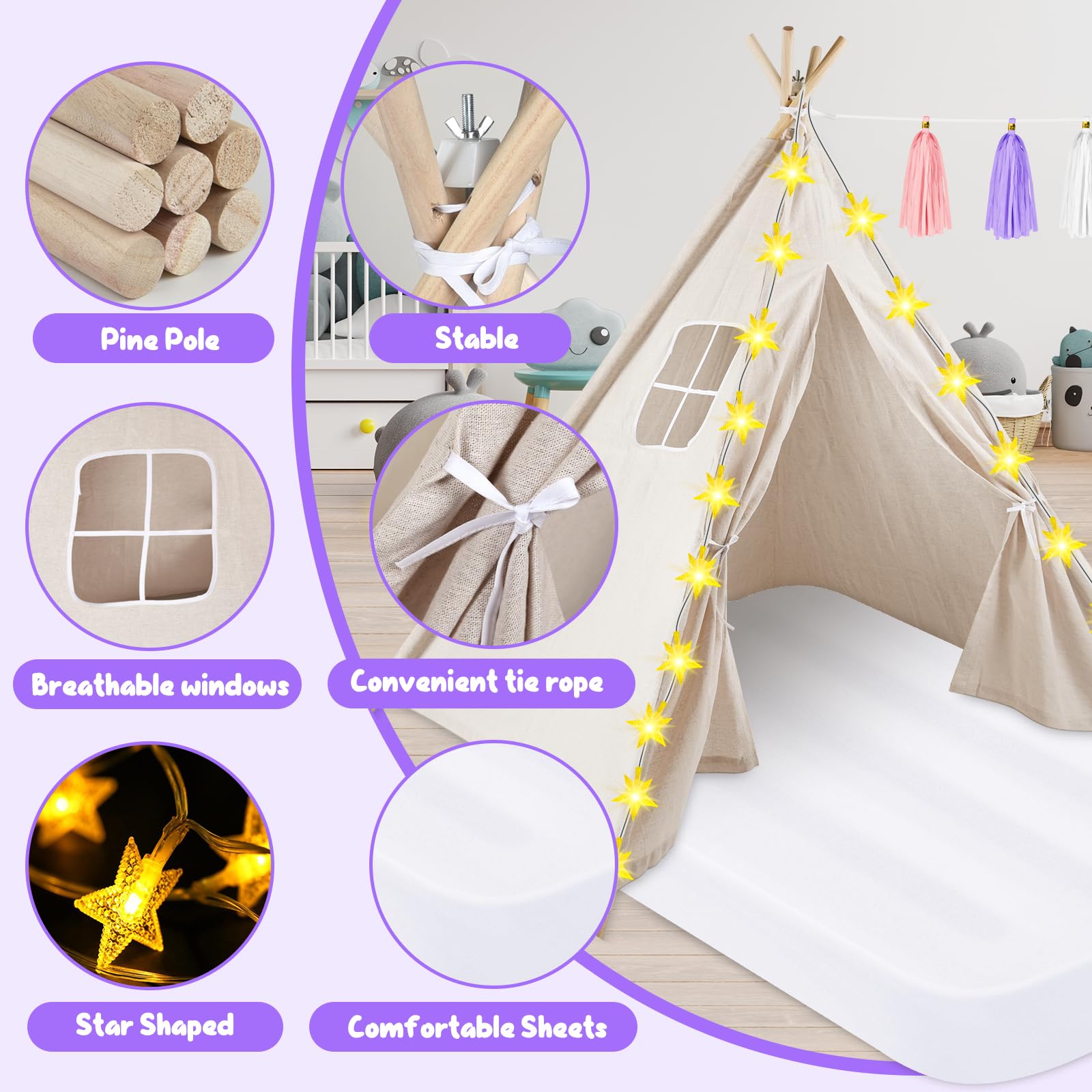PLULON 4 Pack Kids Teepee Tent for Girls - Indoor Play Tent with Inflatable Airbed & Decorations - White Teepee for Slumber Parties, Sleepovers, Christmas & Birthday Gifts - Perfect for Kids' Room Decor, Playtime & Special Occasions