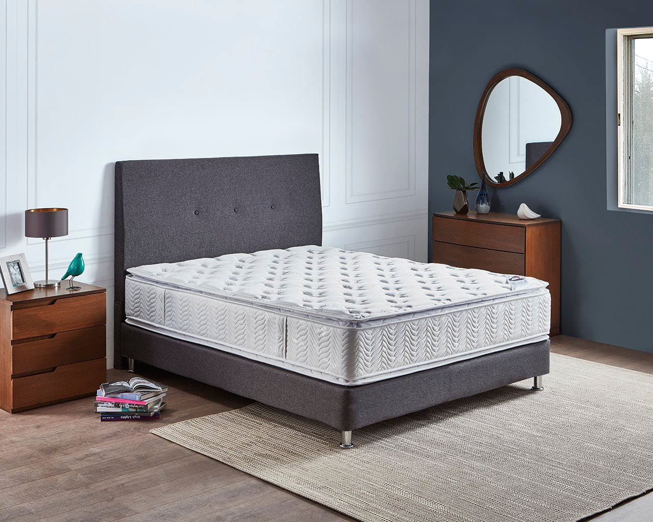 Natural White Noise Mattress Set - Medium Soft/Hard with Wood Box Spring - Medium Plush (Full XL Size) - Perfect for Bedrooms, Guest Rooms & Dormitories