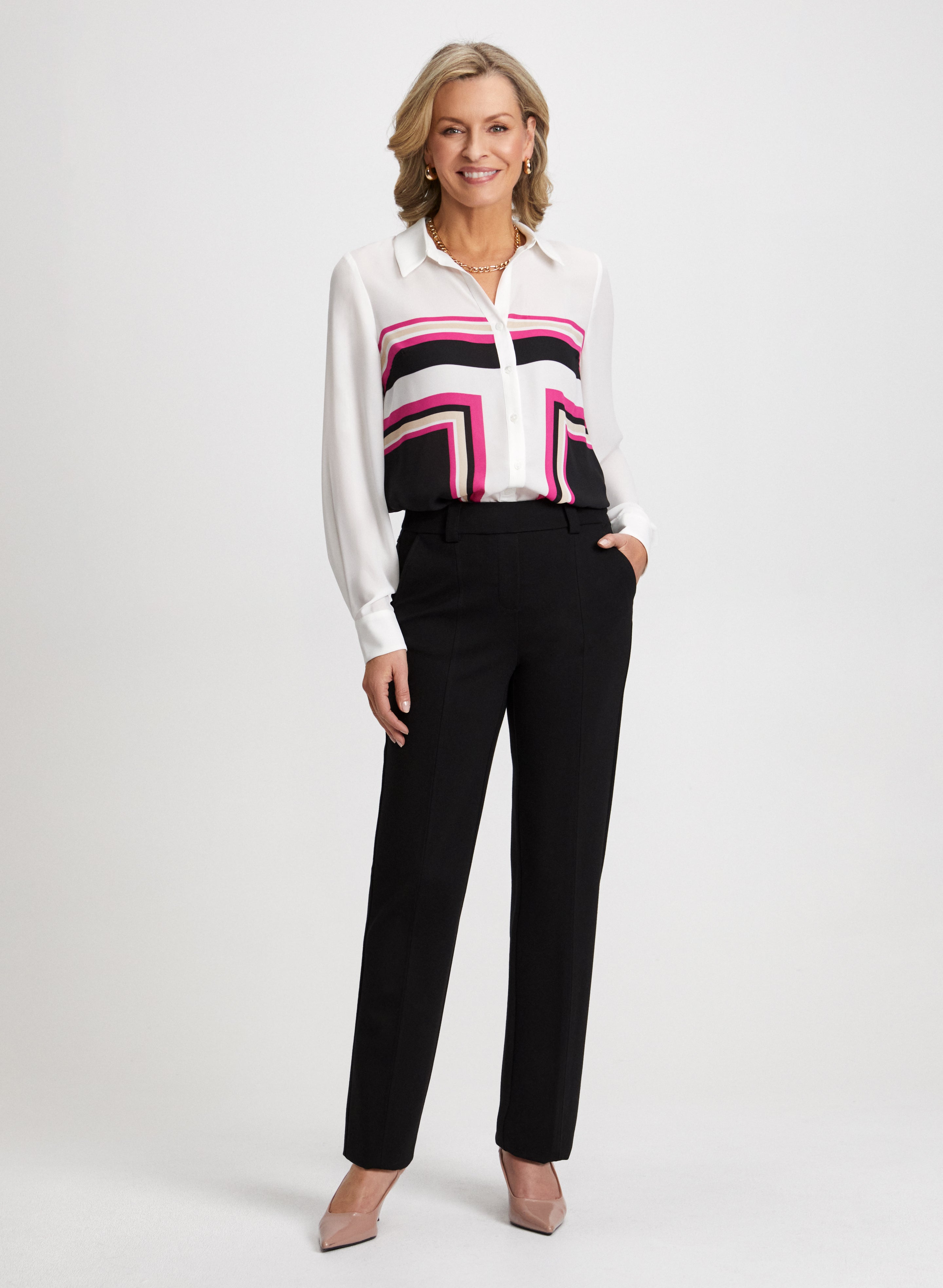 Color Block Blouse & Straight Leg Pants Set - Women's Fashion Office Wear for Business Casual Outfits and Professional Work Attire