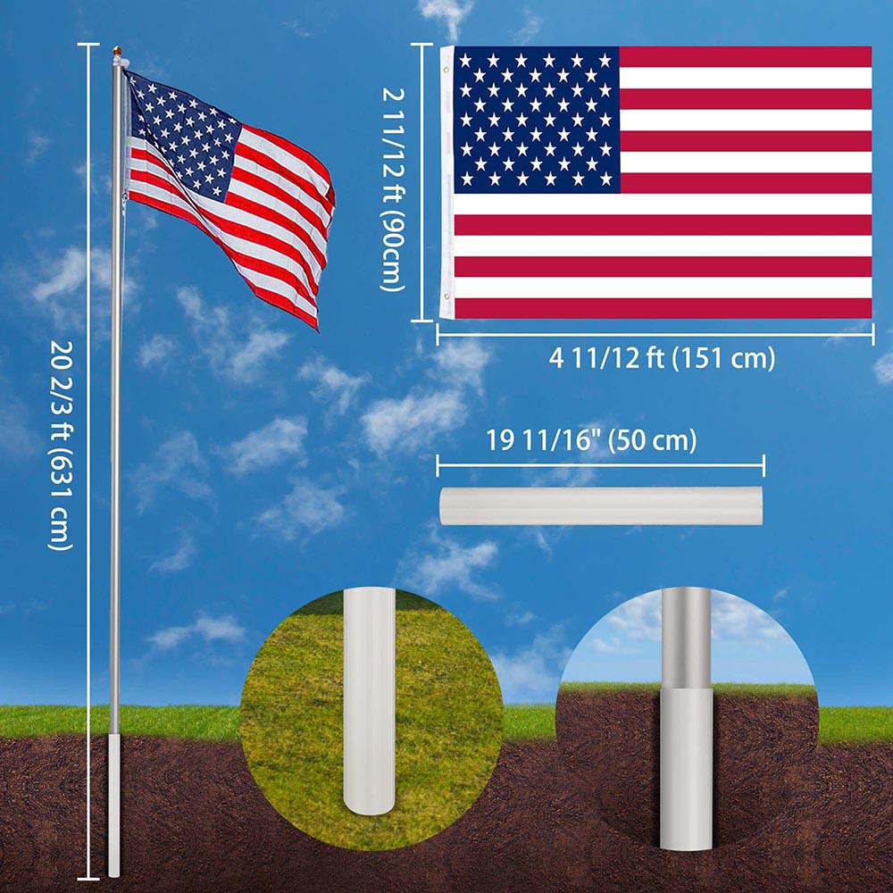 TheLAShop Heavy Duty Aluminum Sectional Flagpole Kit - 20ft, 25ft, 30ft Options with American Flag - Perfect for Residential, Commercial & Patriotic Display