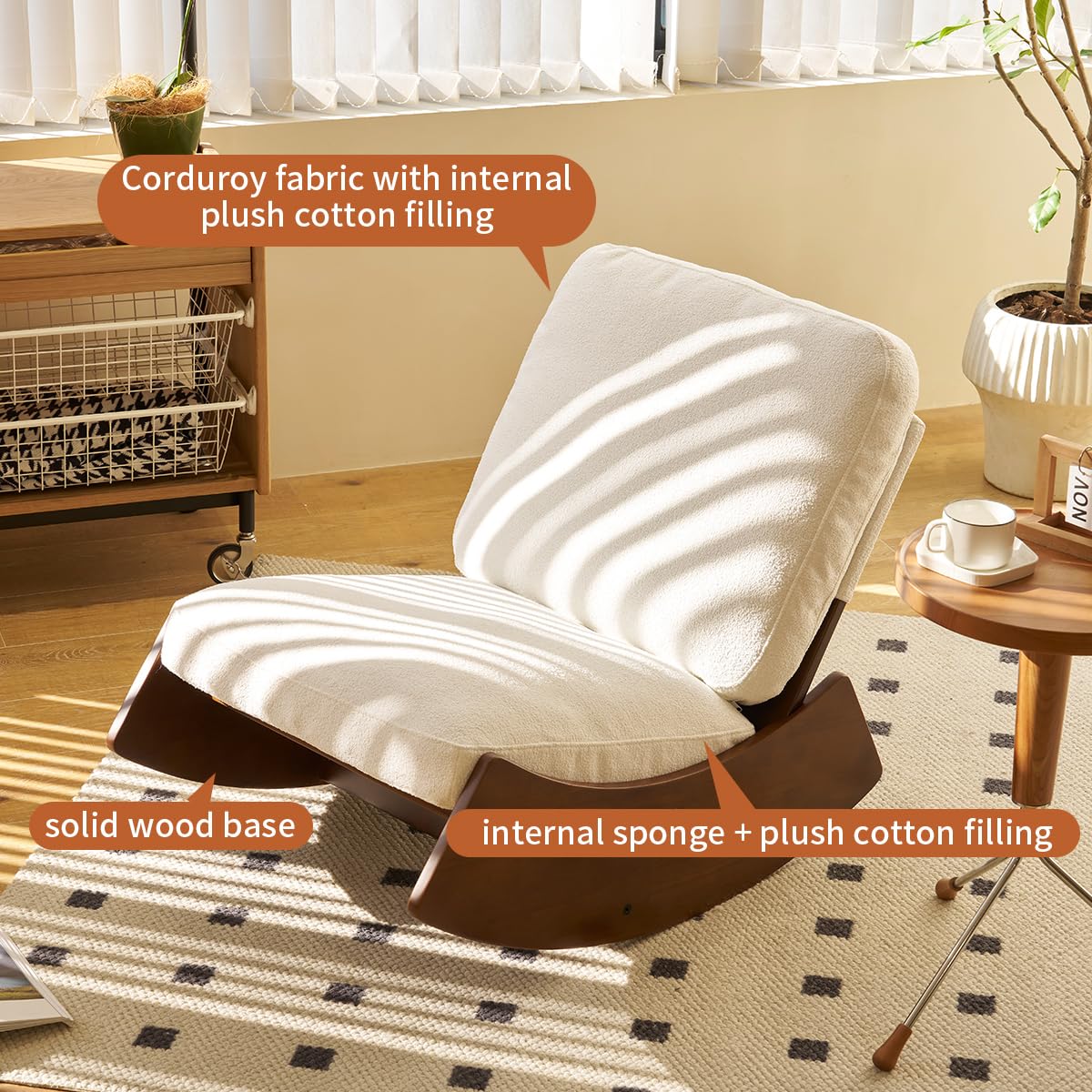 QHITTY Solid Wood Glider Rocking Chair - Modern Nursery Rocker with High Backrest, Armless Corduroy Sofa Chair for Bedroom, Living Room & Study - Perfect for Nursing, Reading & Relaxing (White)