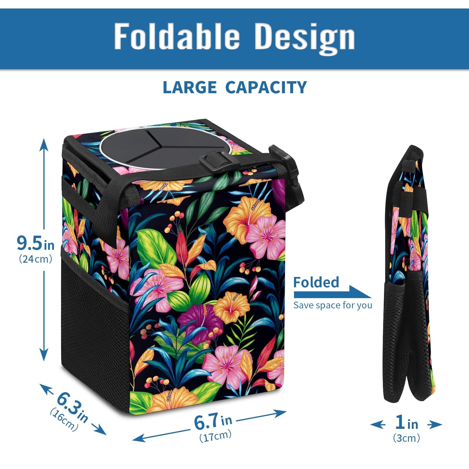 Waterproof Car Trash Can with Lid & Storage Pockets - No Installation Required, Spacious Interior Organizer for Cars, SUVs & Vehicles (Floral Design) - Perfect for Road Trips, Commuting & Keeping Your Car Clean