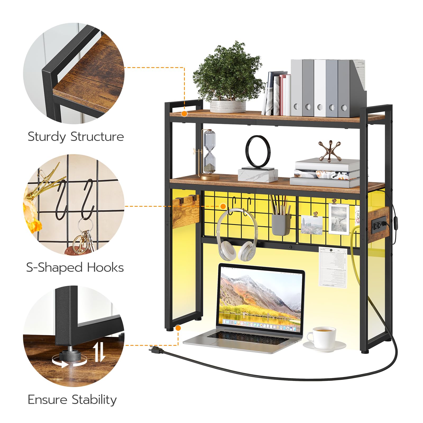 HOOBRO 2-Tier Wooden Desktop Bookcase with LED Light Strip & Power Outlets - 29.9