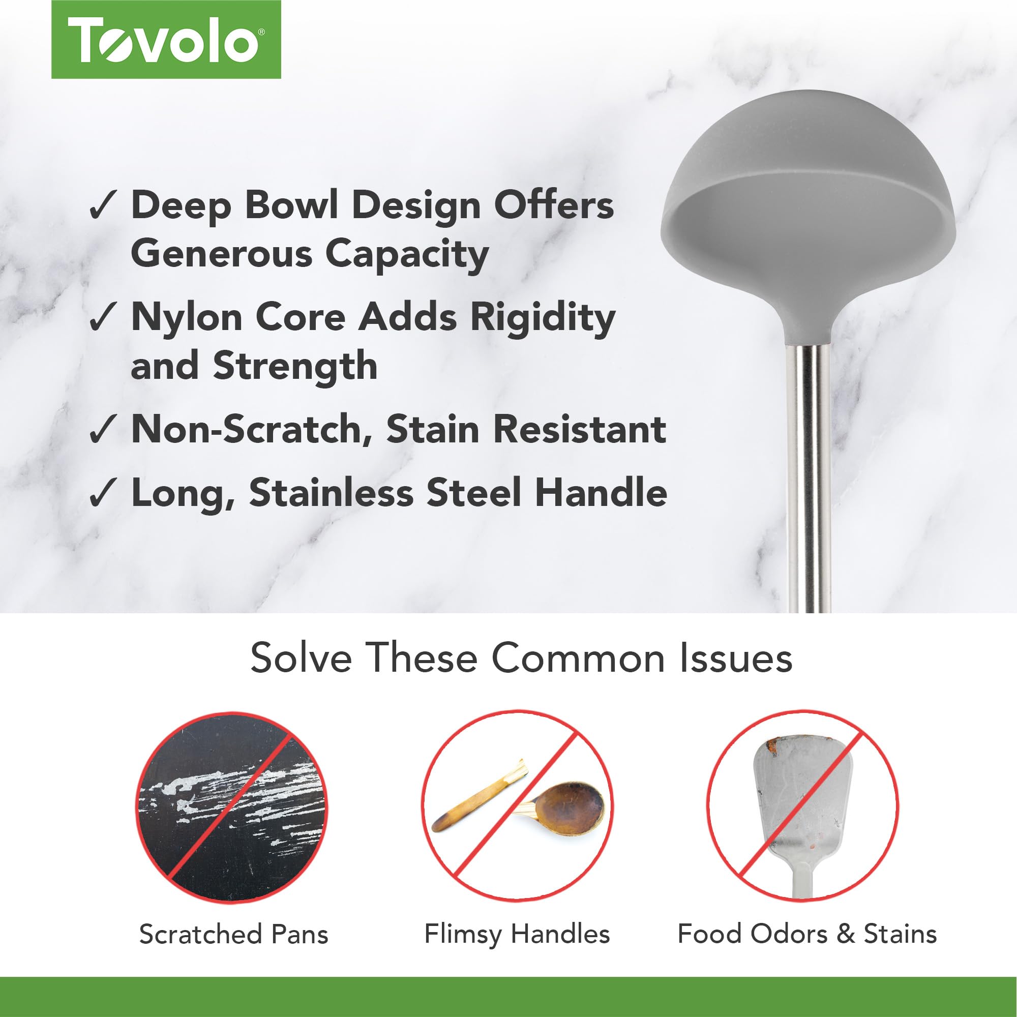 Tovolo Silicone Ladle with Stainless Steel Handle & Reinforced Nylon Core - Deep Kitchen Spoon for Soup, Stew, Sauce, Punch - Heat-Resistant & Durable Cooking Utensil (Oyster Gray) - Perfect for Serving, Mixing & Food Preparation