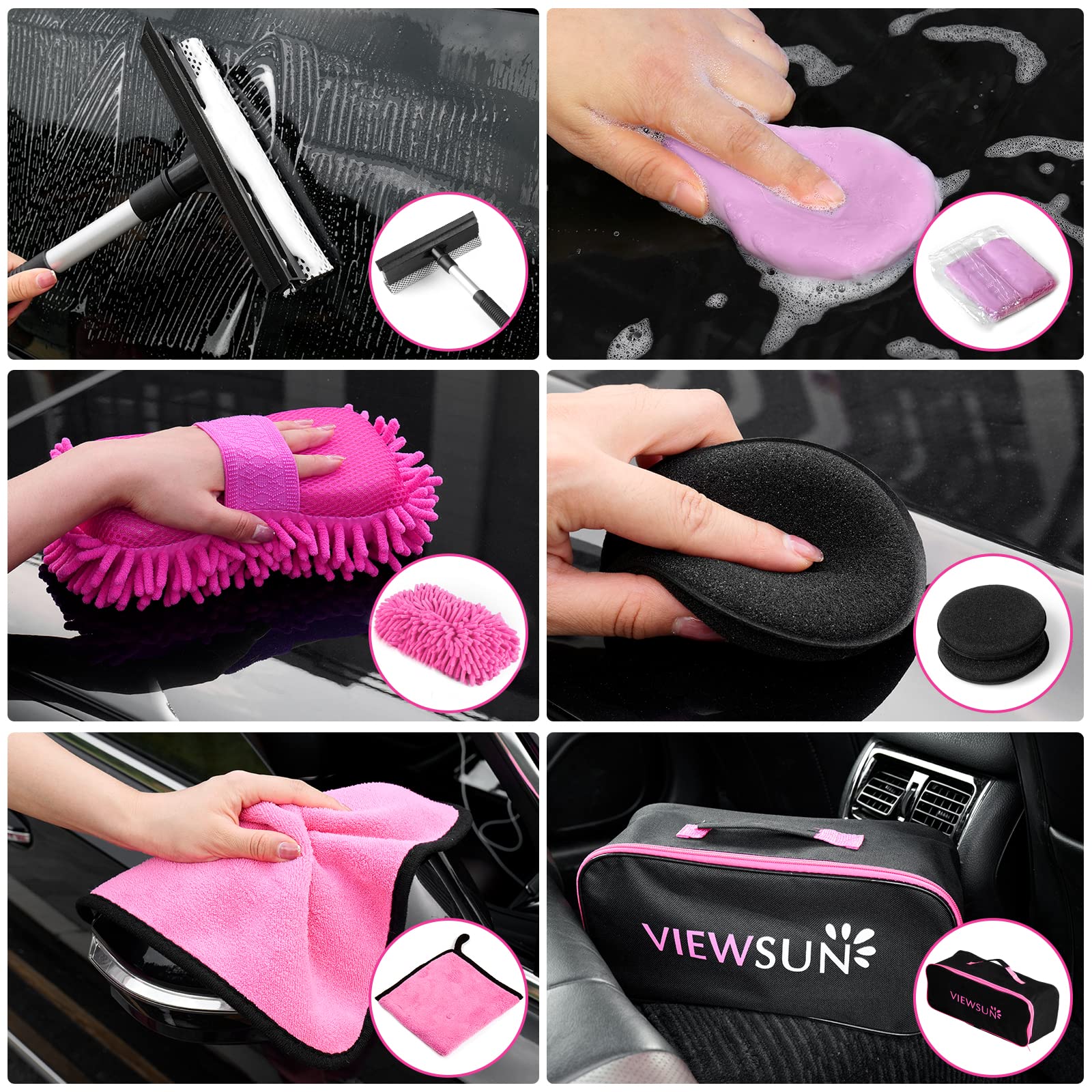 Viewsun 19PCS Pink Car Cleaning Kit for Women - Interior & Exterior Detailing Set with Cleaning Gel, Razor Scraper, Tire Brush, Wash Mitt, Squeegee & Microfiber Wax Applicator | Perfect for Car Washing, Detailing & Gift Giving