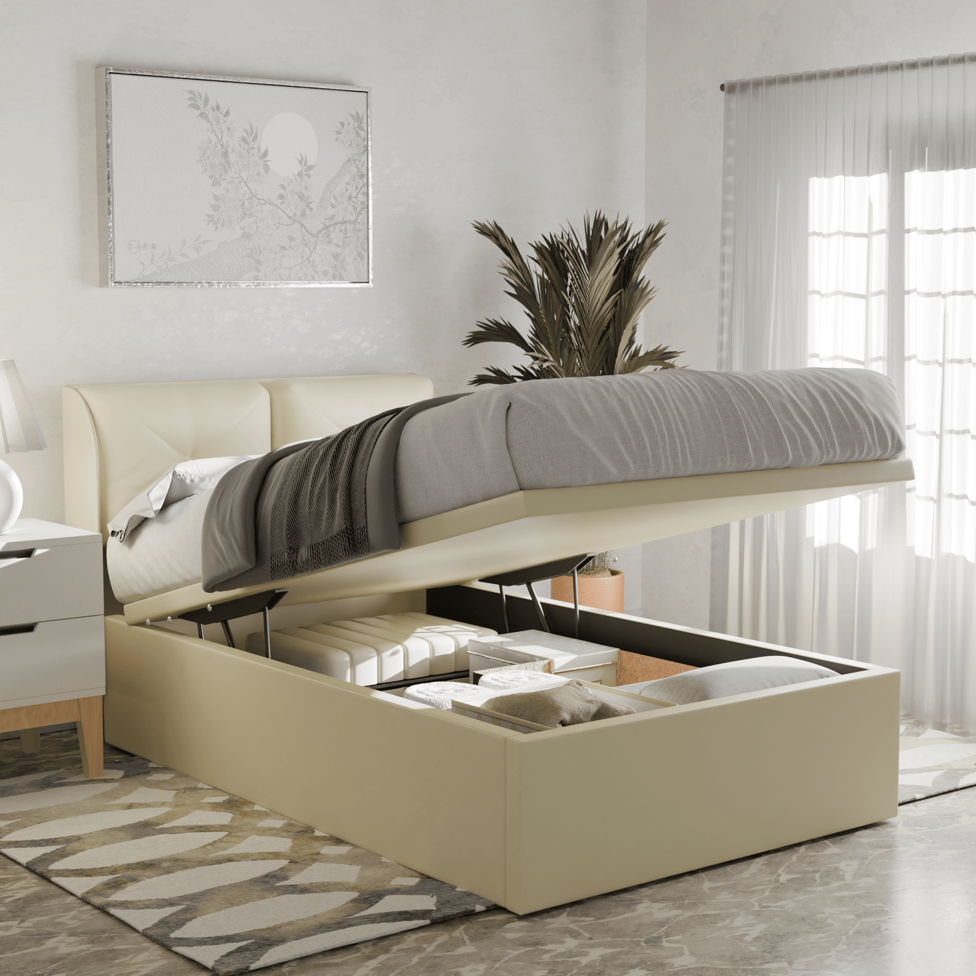 Mohave Faux Leather Upholstered Storage Bed Frame with Underbed Drawers - Queen Size Platform Bed for Small Space Bedroom, Guest Room & Dorm
