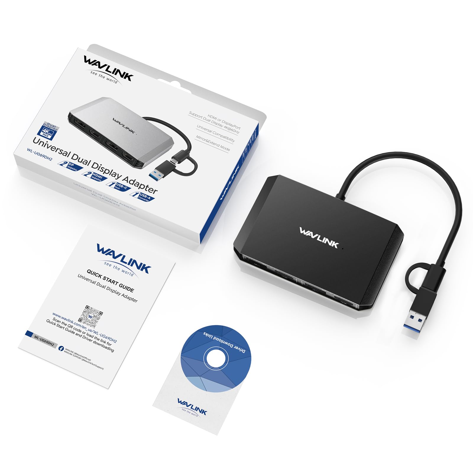 WAVLINK USB 3.0 to DisplayPort & HDMI Adapter, 4K Dual Monitor Hub for Windows & Mac - Compatible with Dell, HP, Surface, Lenovo - Ideal for Home Office, Gaming & Multi-Screen Workstations