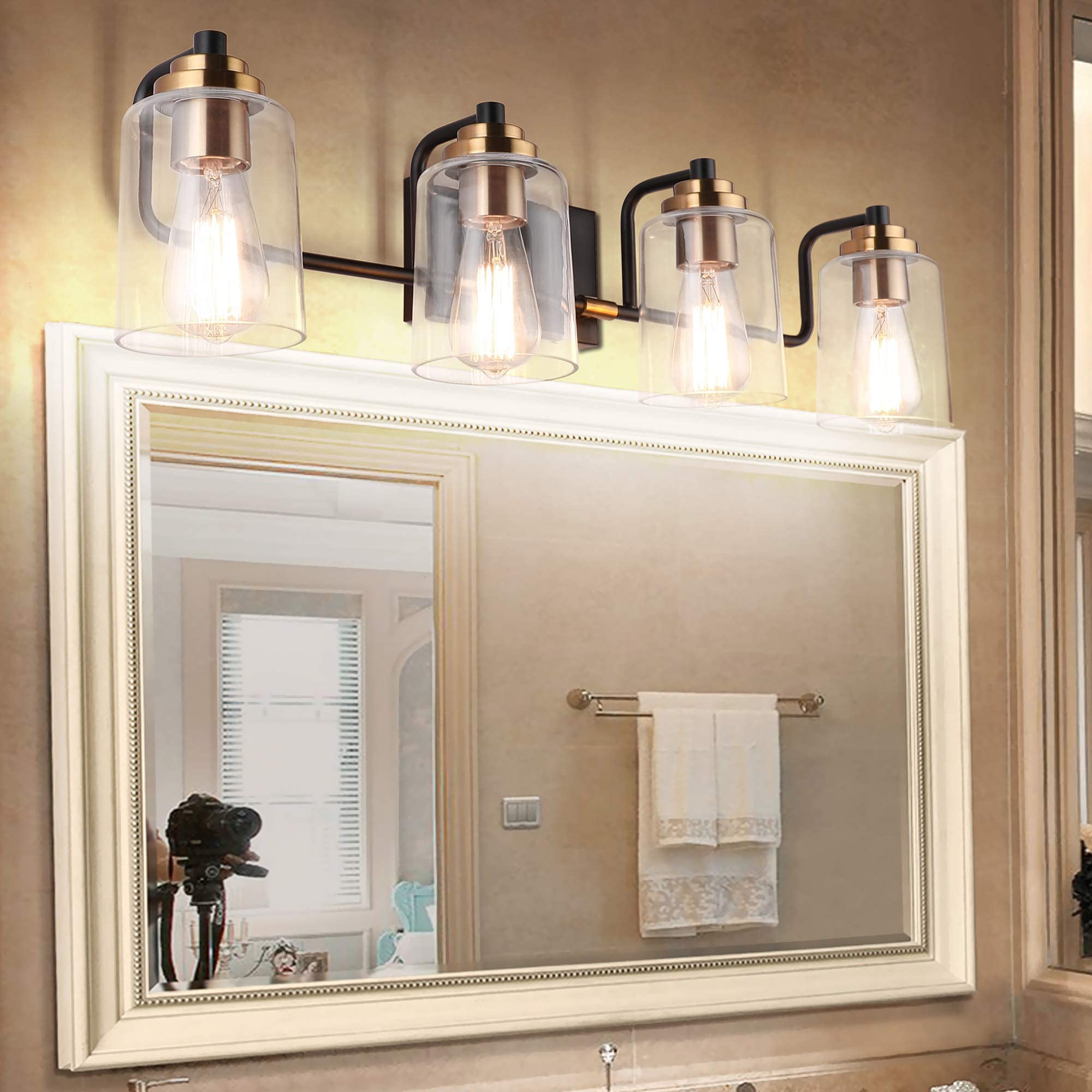 Vintage Bathroom Vanity Light Fixture Set - Black & Brass 7600-3 + 7600-4 Lights (Bulbs Not Included) | Perfect for Farmhouse, Industrial & Retro Style Bathroom Lighting
