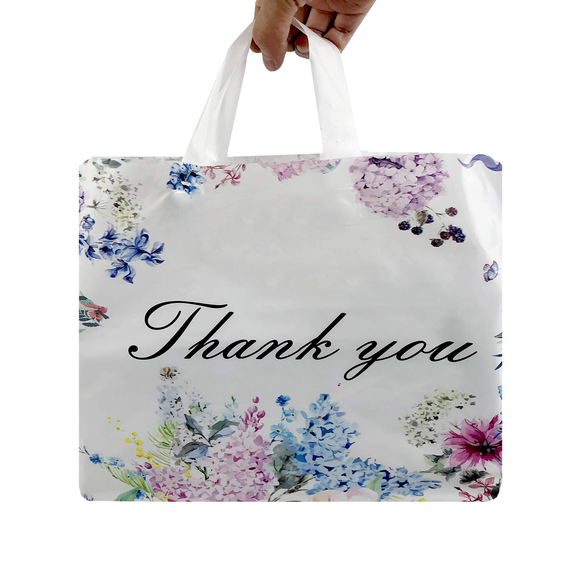 Premium SES.CO Large Floral Thank You Bags - 50 Pack Blue Plastic Gift Bags with Soft Loop Handles for Retail, Wedding Favors & Party Giveaways
