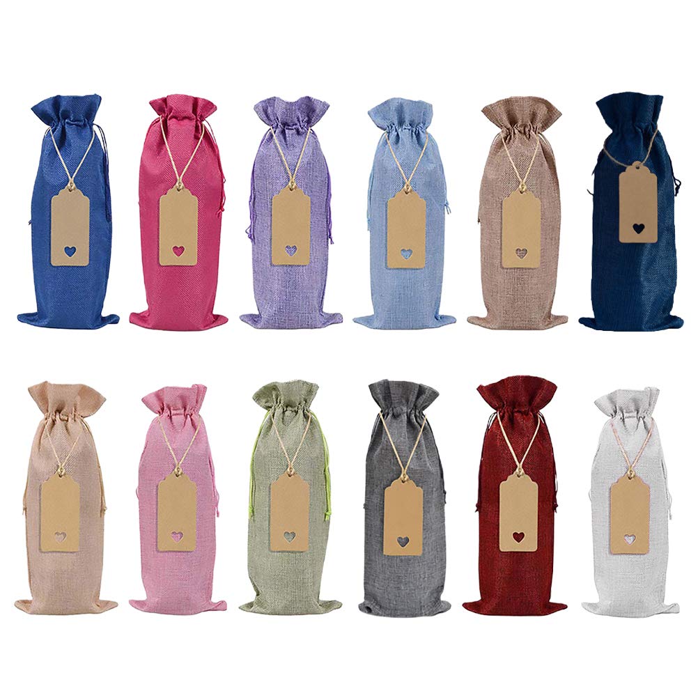 ABOOFAN 12-Pack Wine Bottle Covers with Paper Labels & Drawstring Bags - Assorted Colors for Wedding, Birthday Party Favors & Gift Wrapping