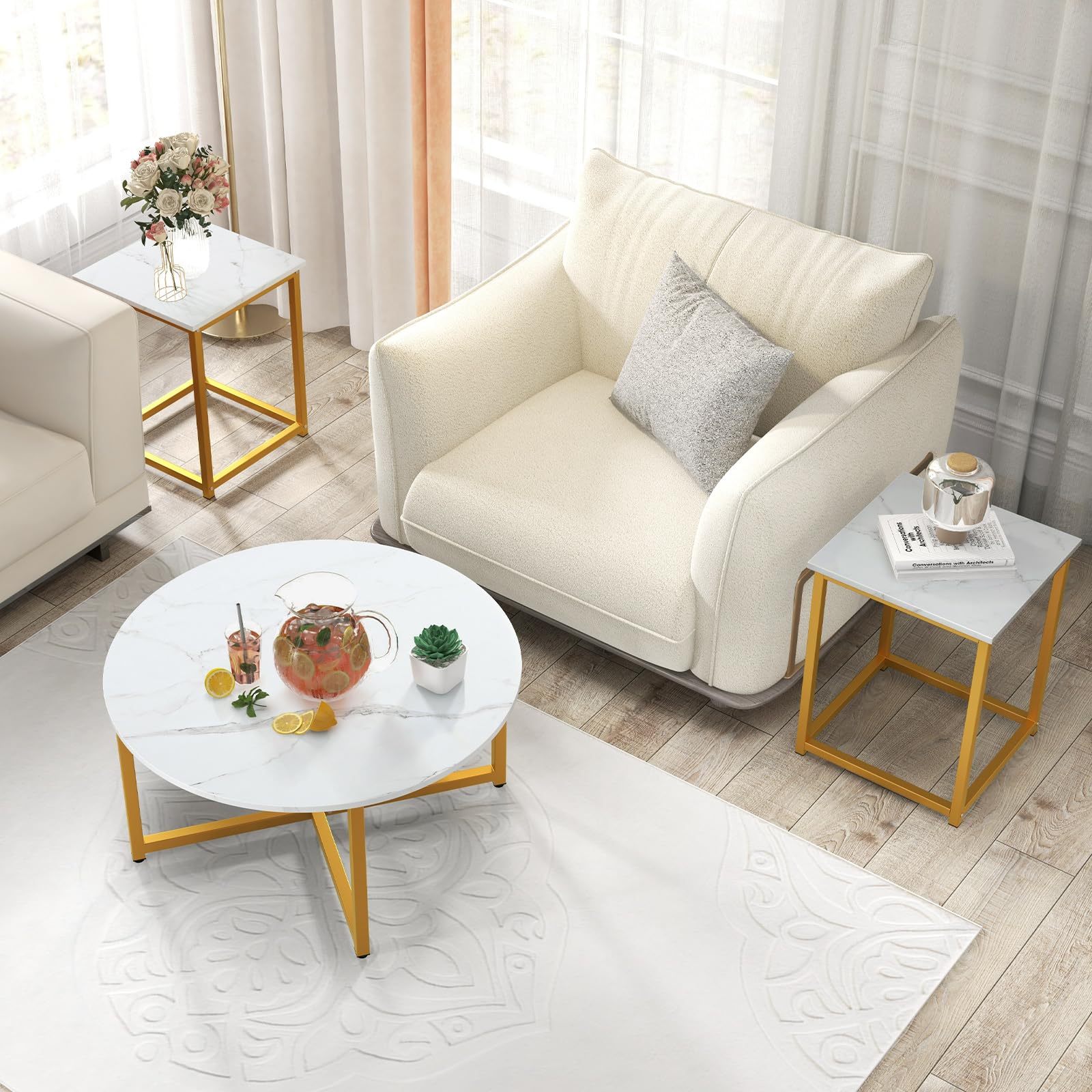 COSTWAY 3-Piece Coffee Table Set - Round Faux Marble Coffee Table & 2 Square End Tables with Sturdy Metal Frame, Modern Living Room Furniture for Small Spaces & Apartments (White & Gold) | Perfect for Compact Living Rooms, Studio Apartments & Cozy Home Decor