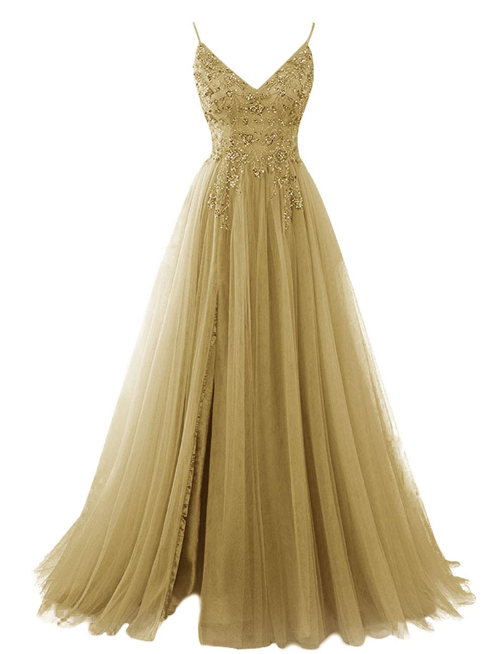 Elegant Long Beaded Prom Dress with V-Neck & Tulle Skirt | Formal Evening Gowns for Homecoming, Wedding, Ball | See-Through Chiffon Bridesmaid Dress for Special Occasions