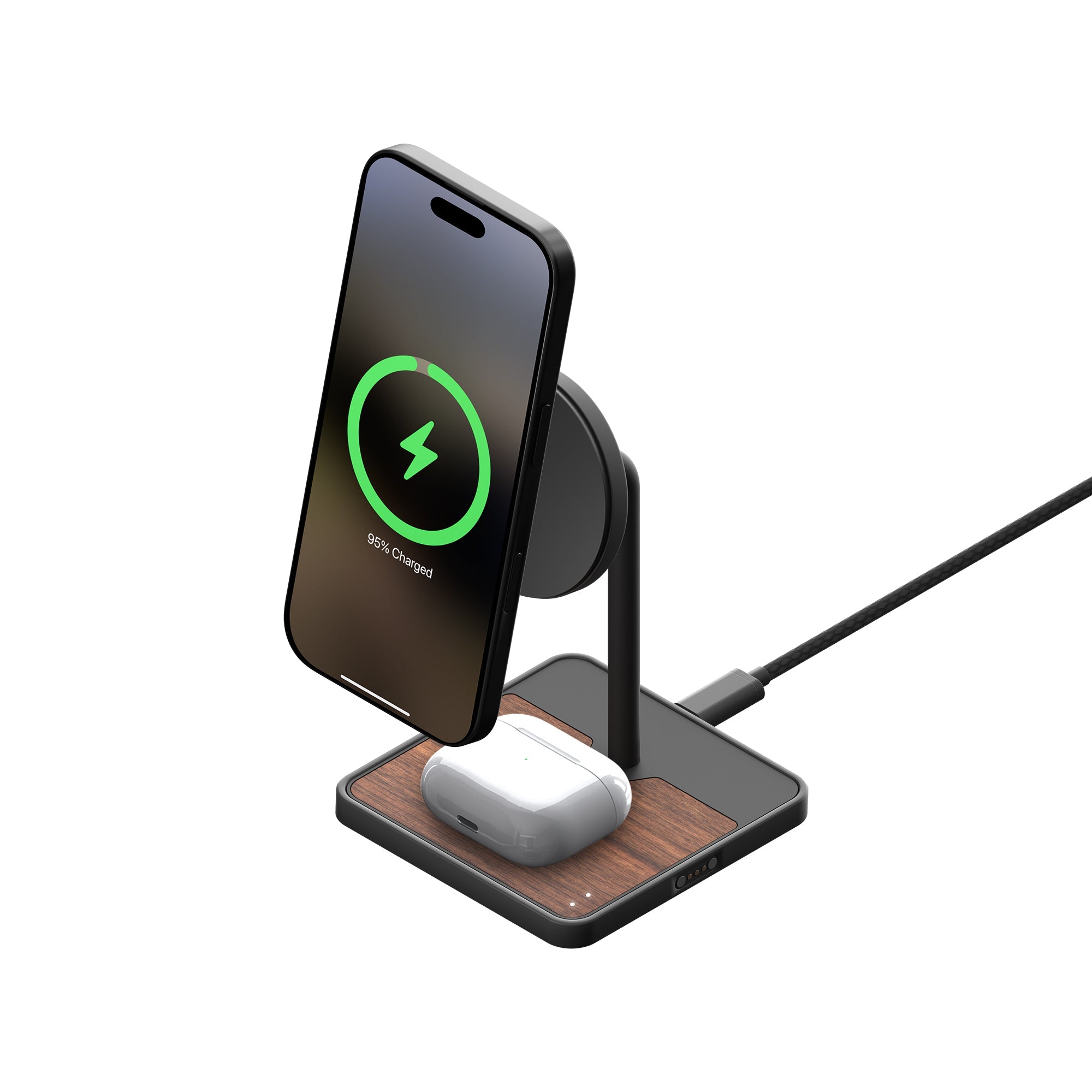 Qi2 Wireless Charging Stand - Premium Walnut Wood Design for iPhone, Samsung & AirPods - Fast Charging Station for Home, Office & Nightstand