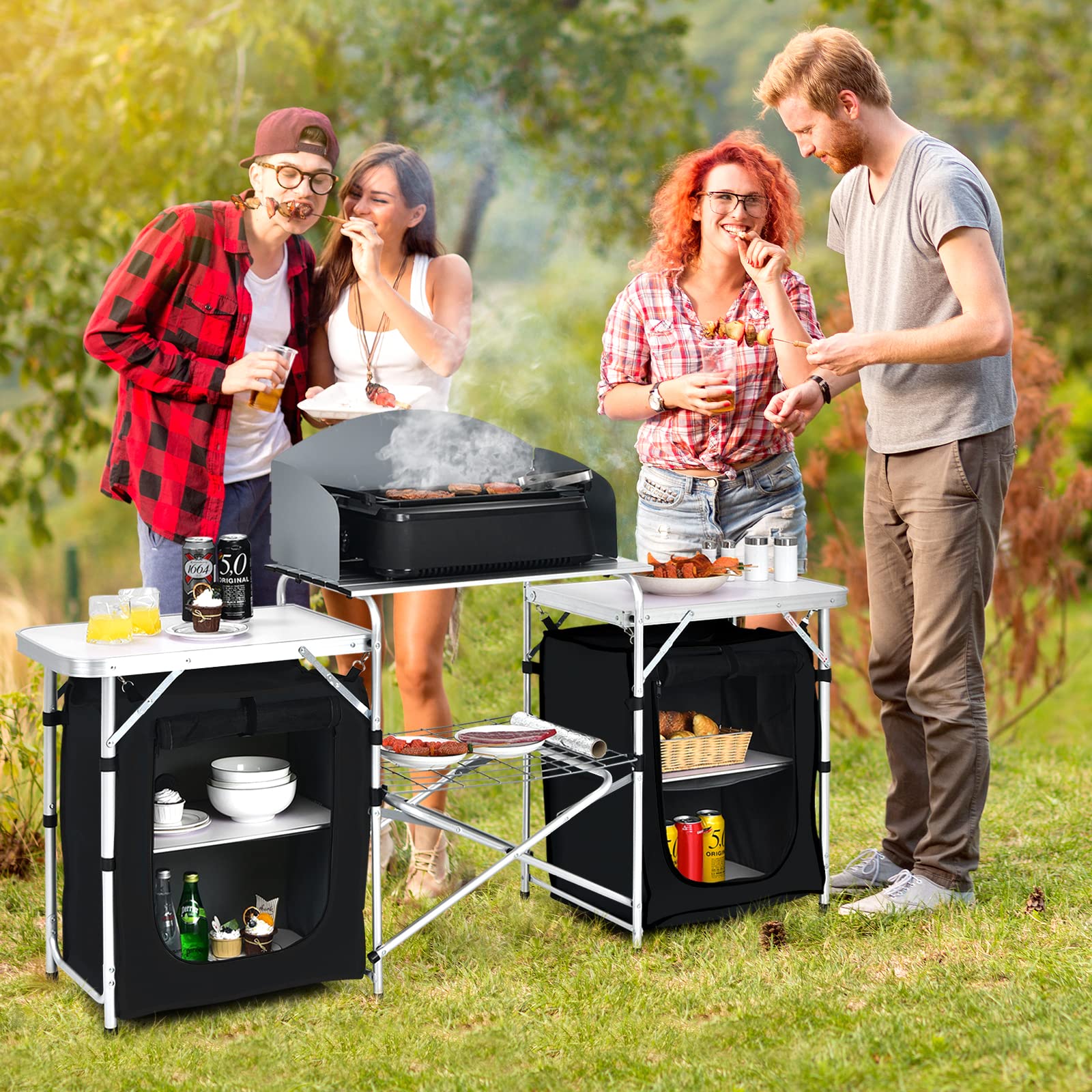 Tangkula 2-Tier Aluminum Folding Camping Table with Windscreen - Portable Cook Station with Storage Shelves & Carry Bag - Perfect for Outdoor Cooking, Picnics, BBQs, Camping & Backyard Parties