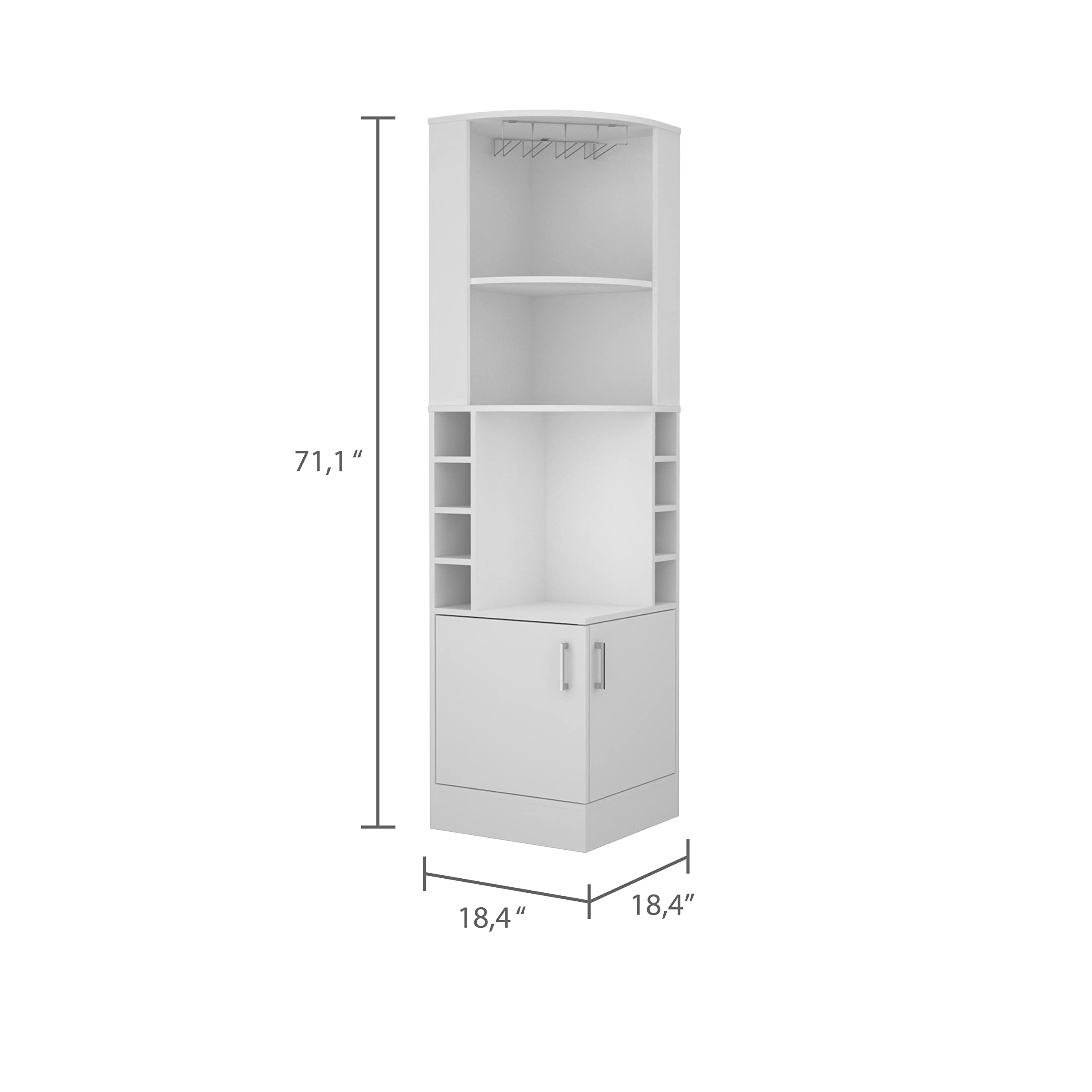 White Seattle Corner Bar Cabinet with 3 Open Shelves, Glass Rack & 8 Bottle Storage - Modern Home Bar Furniture for Living Room, Dining Room or Man Cave