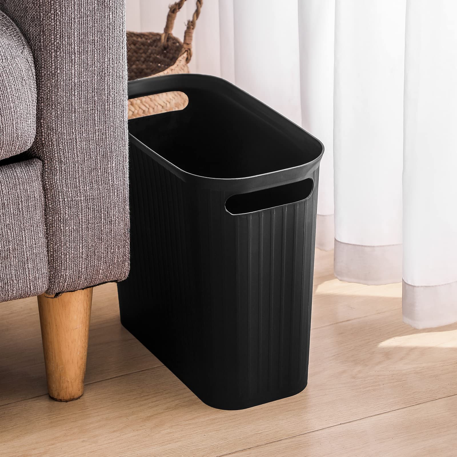 Rejomiik 3.5 Gallon Slim Plastic Trash Can with Handles - Small Waste Basket for Bathroom, Bedroom, Office, Kitchen & Dorm - Space-Saving Rectangular Garbage Bin (Black) | Perfect for Tight Spaces & Home Organization