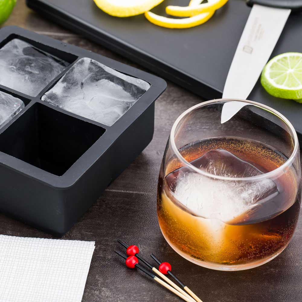 Premium Black Silicone Ice Cube Tray - 2 Large Ice Cubes with 4 Compartments (1-Pack) - Perfect for Cocktails, Whiskey & Home Bar Use