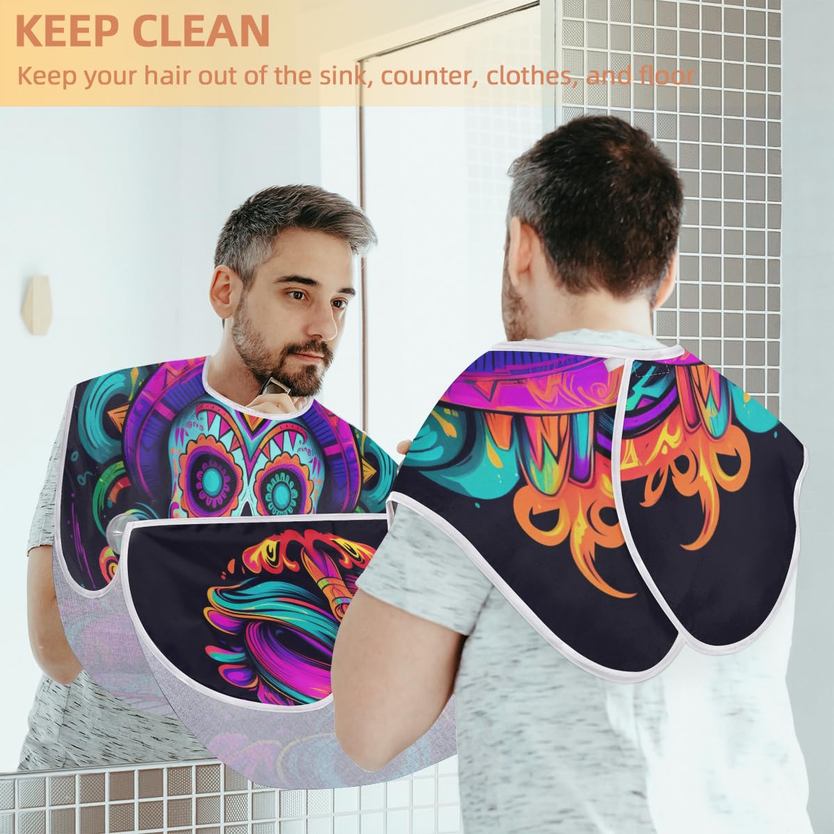 Mexican Skull Pattern Beard Shaving Bib for Men - Waterproof Hair Dye Apron & Barber Cape for Haircut, Makeup & Tattoo Artist Accessories - Sink Hair Catcher & Beard Trimming Tool - Perfect for Salon, Home Grooming & Halloween Costumes