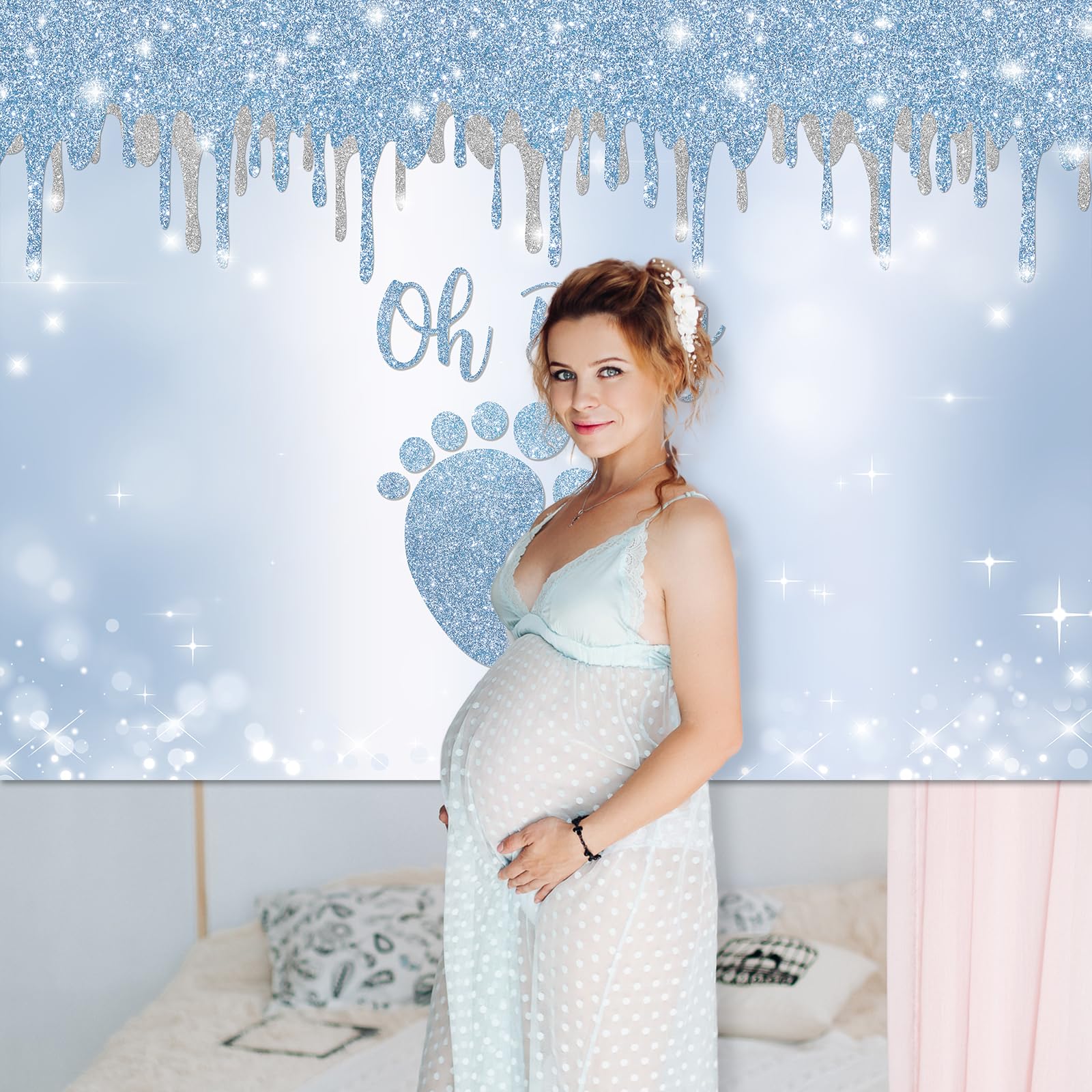 Blue Silver Baby Shower Backdrop with Little Feet Design - 7x5ft Photo Booth Background for Boy's Footprint Themed Party Decorations | Perfect for Baby Showers, Gender Reveals & Nursery Photography
