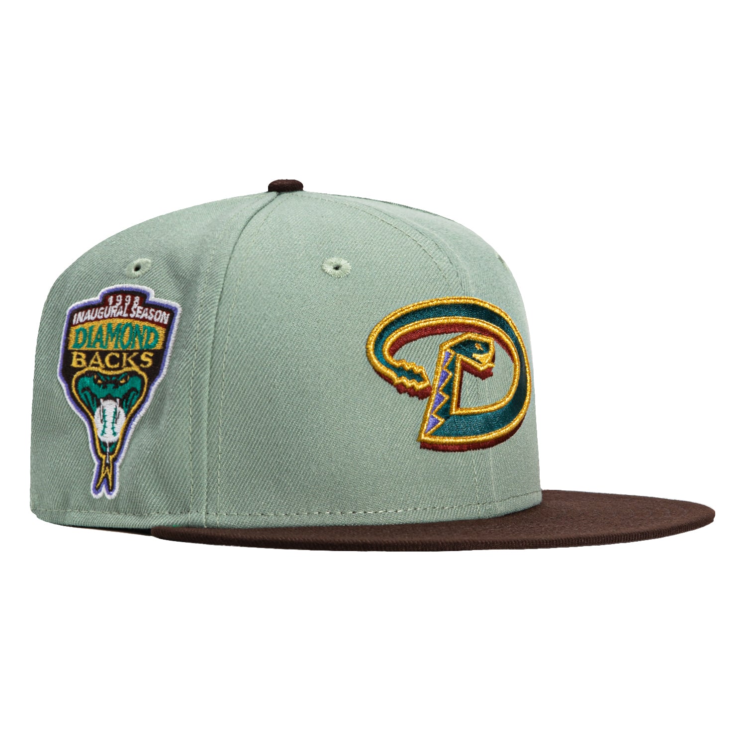 New Era 59Fifty Arizona Diamondbacks Inaugural Patch Snapback Hat - Everest Green, Brown, Green & Metallic Gold | MLB Baseball Cap for Fans & Collectors | Game Day, Casual Wear & Sports Memorabilia