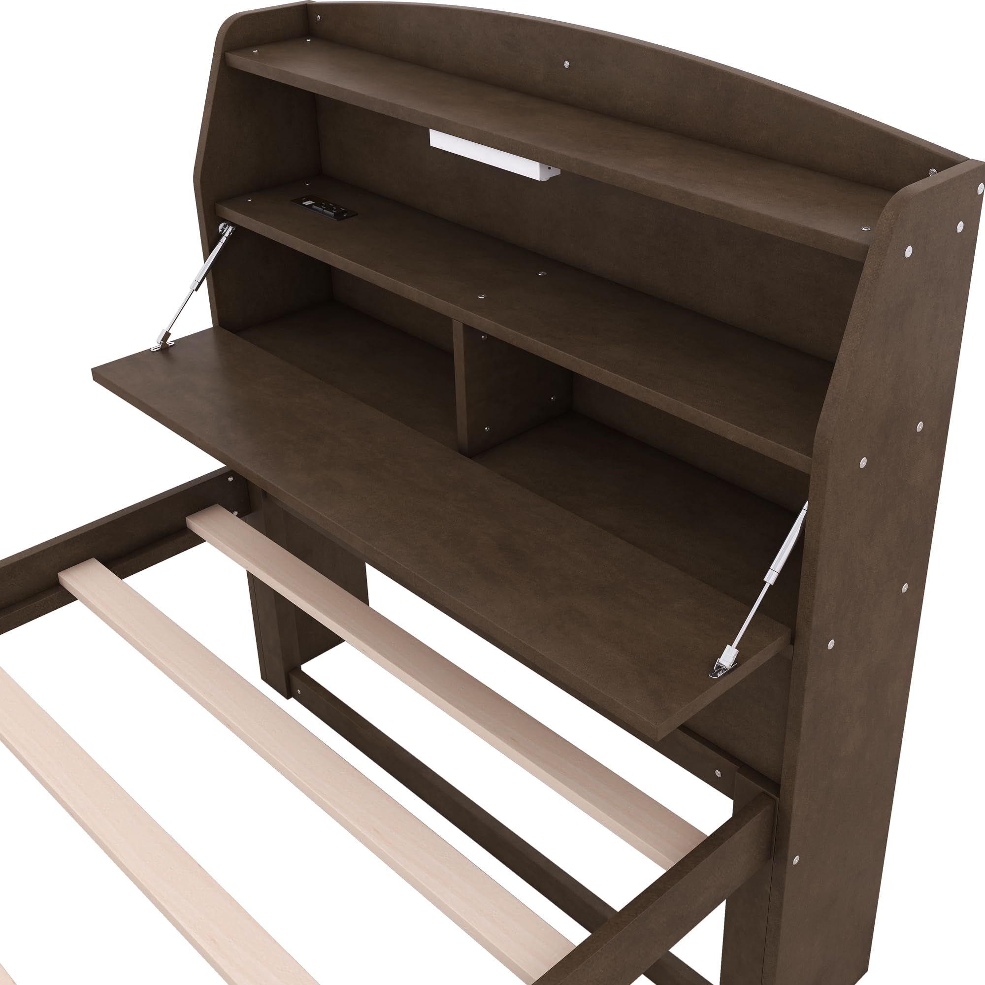 Wooden Twin Bed Frame with Trundle & Bookcase Headboard - Twin Size Captain Platform Bed with USB Charging Station & LED Lights for Kids, Teens, Boys & Girls - Brown - Perfect for Small Bedrooms, Guest Rooms & Kids' Rooms