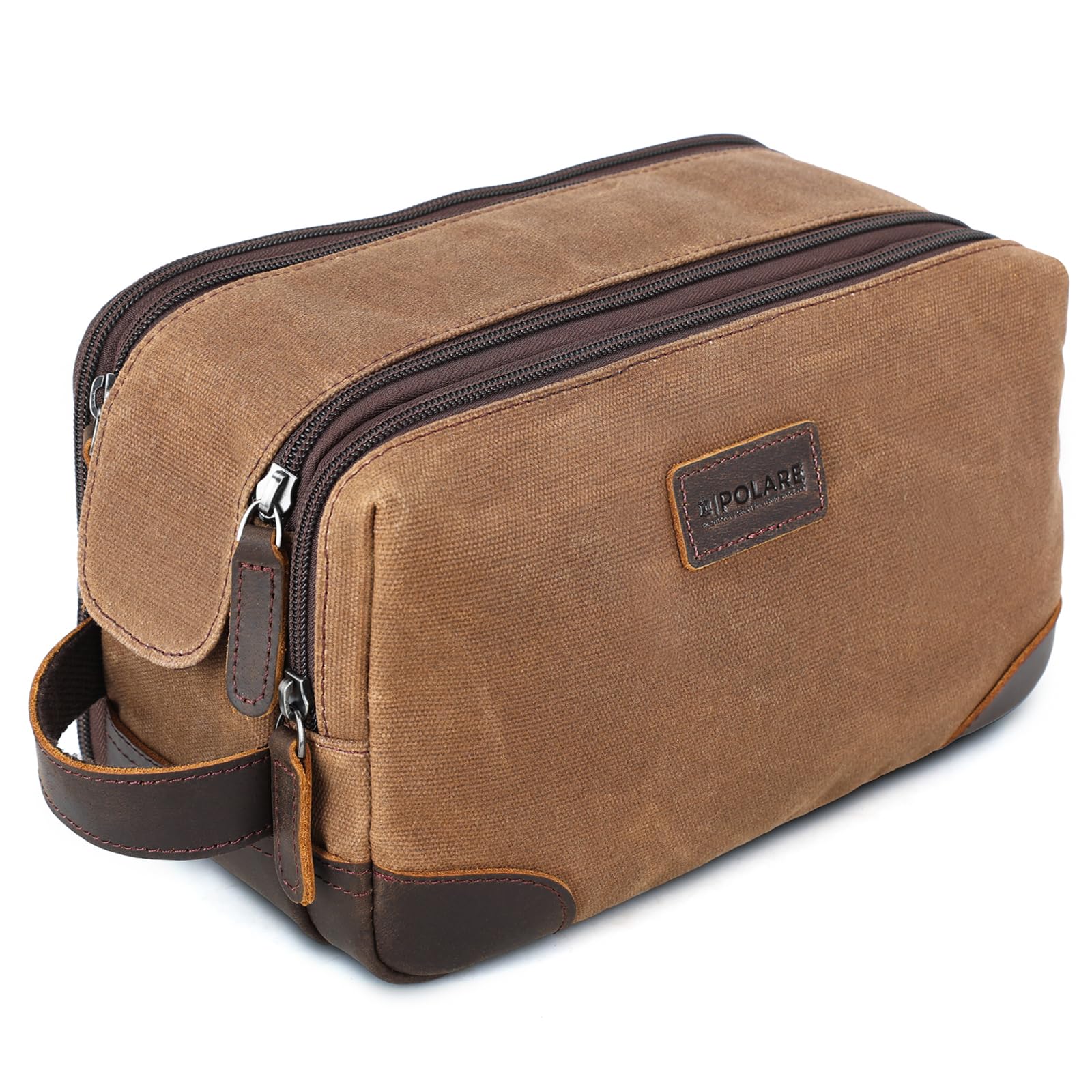 Premium Full Grain Leather & Waxed Canvas Travel Toiletry Bag - Large Waterproof Dopp Kit with YKK Zippers for Men & Women (Brown) - Ideal for Camping, Business Trips & Vacation Essentials Organization