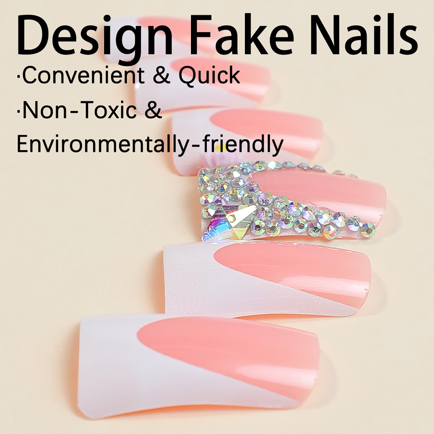 24 Pcs Duck Nails Press On - White French Tips with Rhinestones & Floral Designs - Reusable Gel False Nails Kit for Manicure - Perfect for Parties, Weddings, and Special Occasions