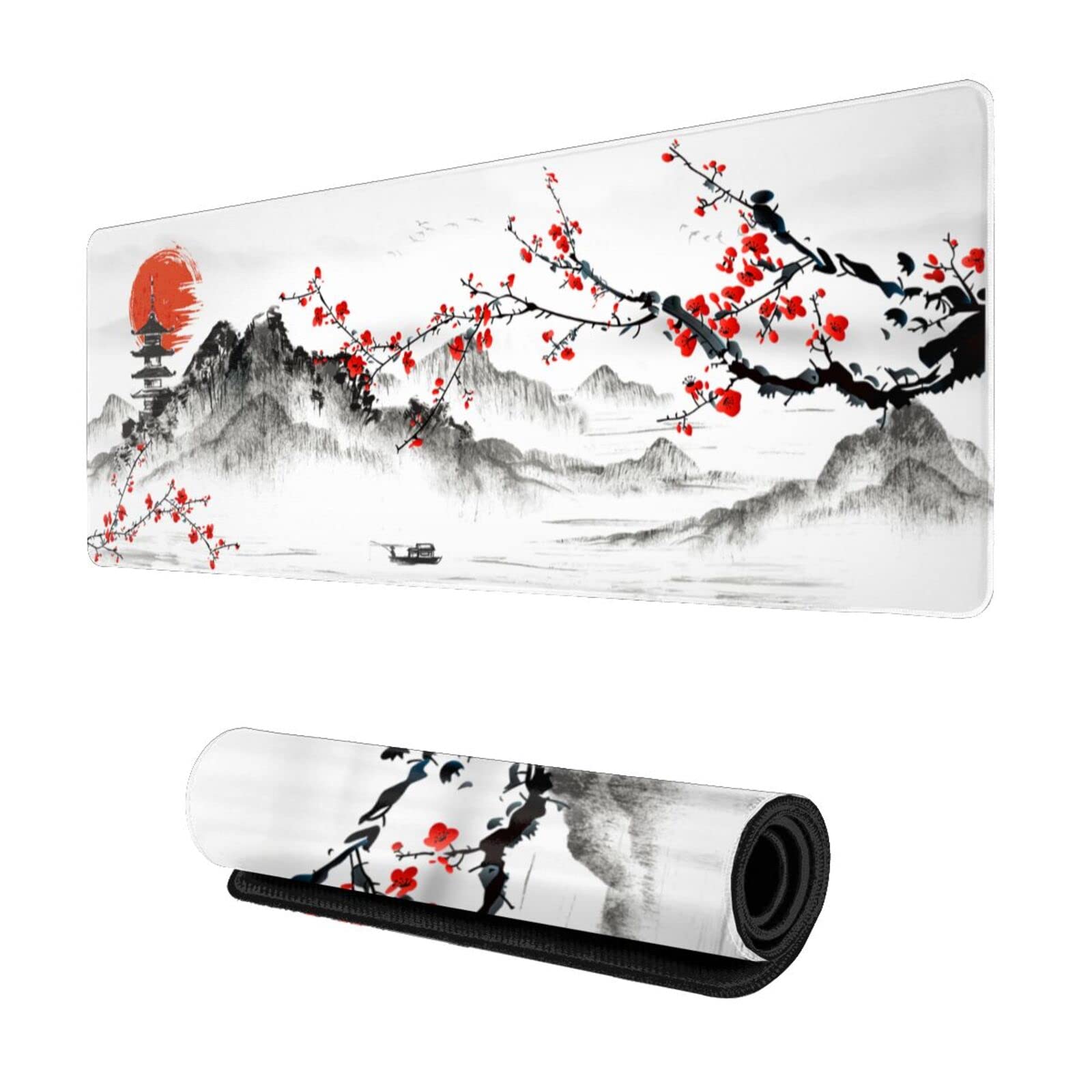 Cherry Blossom Gaming Mouse Pad - 31.5 x 11.8 Inch Large Japanese Sakura Design with Stitched Edges, Non-Slip Rubber Base & Waterproof Surface - Perfect for Office Work, PC Gaming & Home Computer Setup