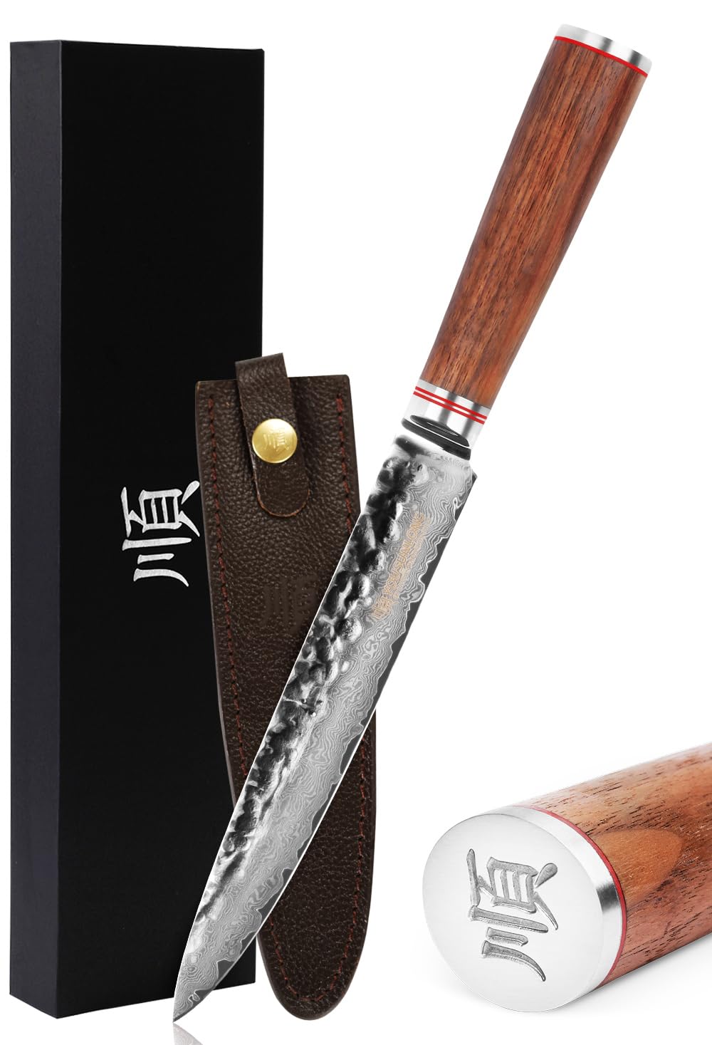 Premium 8-inch Japanese Sashimi Knife - Handcrafted Damascus Steel Sushi Knife with Natural Walnut Wood Handle & Leather Sheath - Perfect for Sushi Preparation, Fish Filleting & Asian Cuisine
