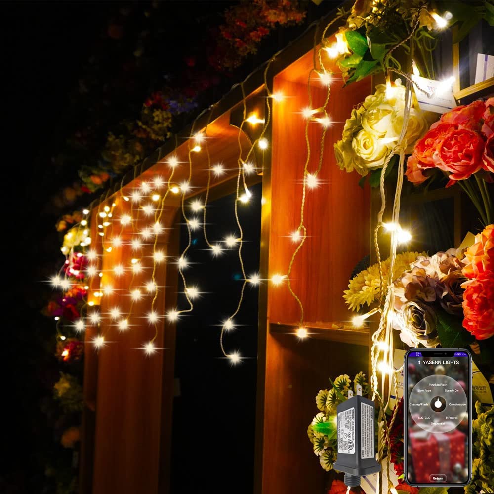 YASENN Bluetooth APP Controlled 300 LED Icicle Christmas String Lights - 30ft Waterproof Fairy Lights with 60 Drops for Indoor & Outdoor Holiday Decor (Warm White) | Perfect for Christmas Tree, House, Yard, and Party Decorations