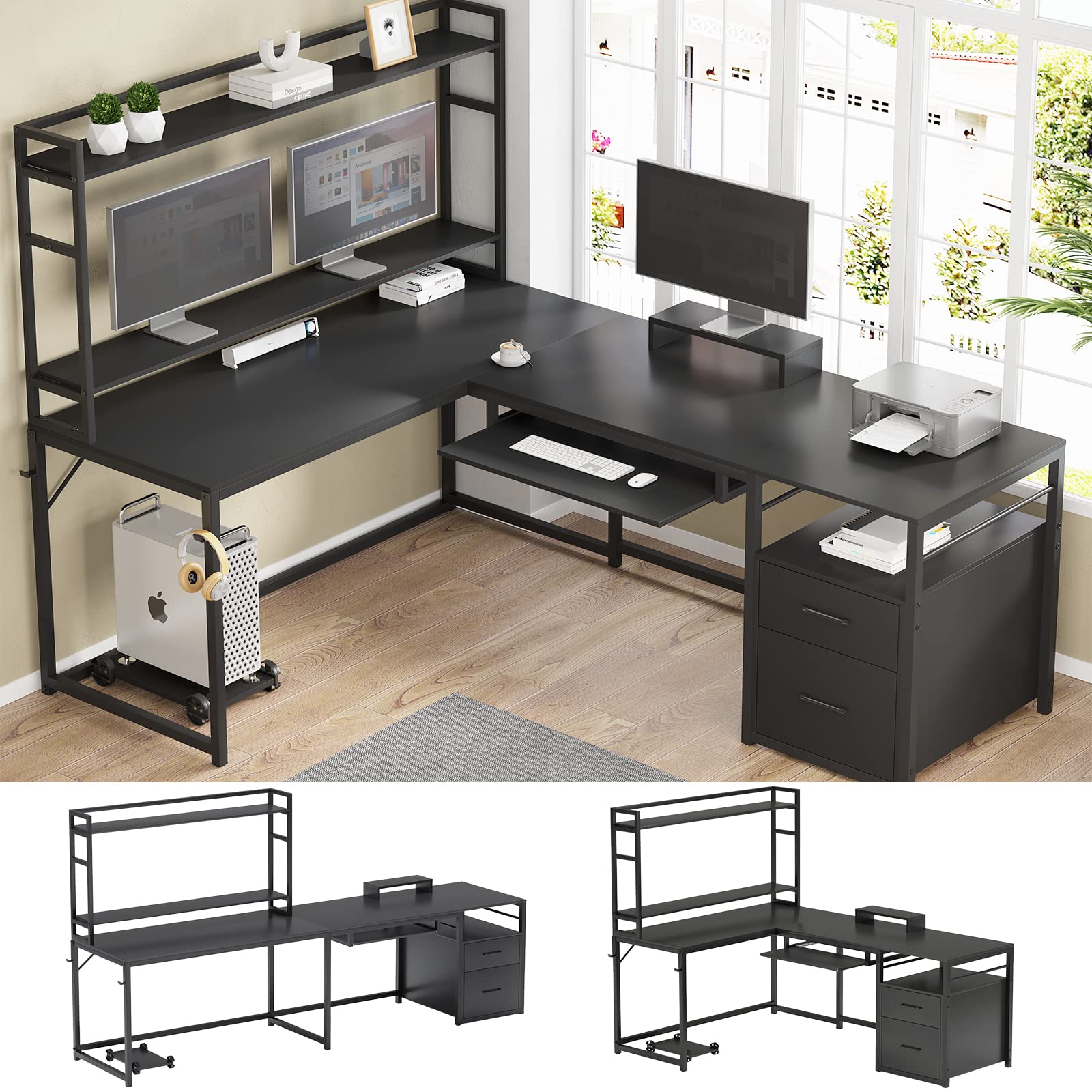 SEDETA 94.4 Inch L-Shaped Office Desk with File Drawers & Hutch - Two Person Corner Computer Desk with Keyboard Tray, Monitor Stand & Storage Shelves - Perfect for Home Office, Gaming Setup & Workspace (Black)
