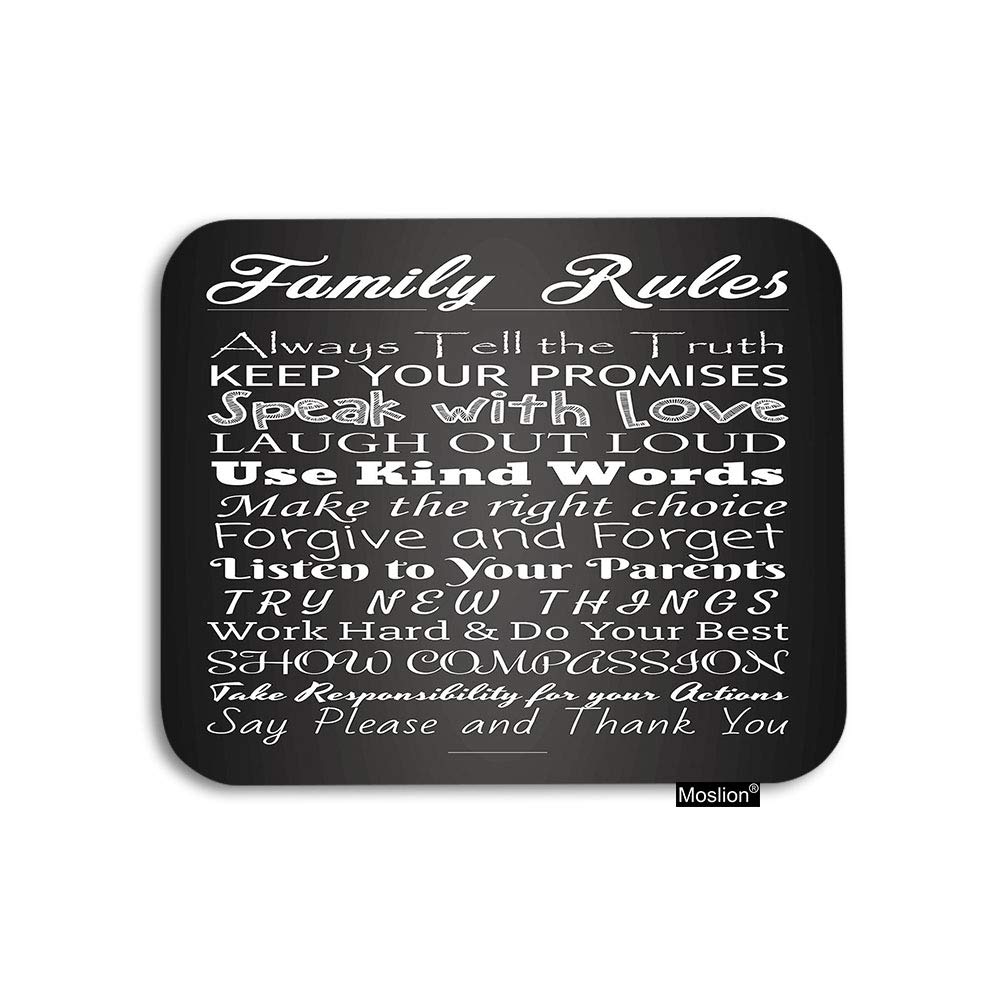 Vintage Hand Lettered Family Rules Love Home Gaming Mouse Pad - Large 7.9x9.5 Inch Non-Slip Rubber Base Mousepad for Computer, Laptop, Office & Gaming Desk (Black/White) - Perfect for Workstations, Home Offices & PC Gaming Setups